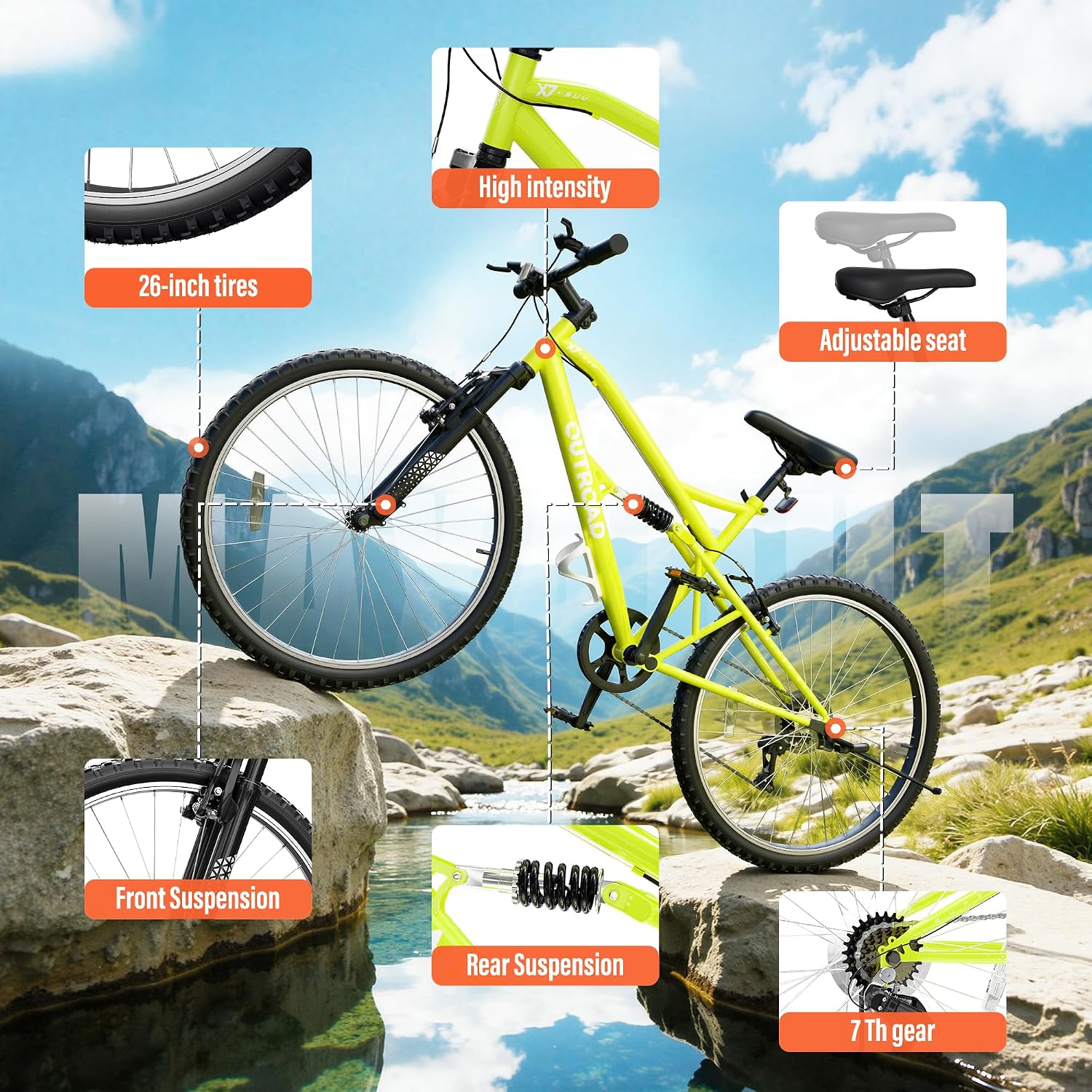 Betterland 26 Inch Mountain Bike with Adjustable Ergonomic Seat, 7/21 Speed Adult Bike with Dual V Brakes, Outdoor Cycling Bike with High Carbon Steel Frame and Front Suspension