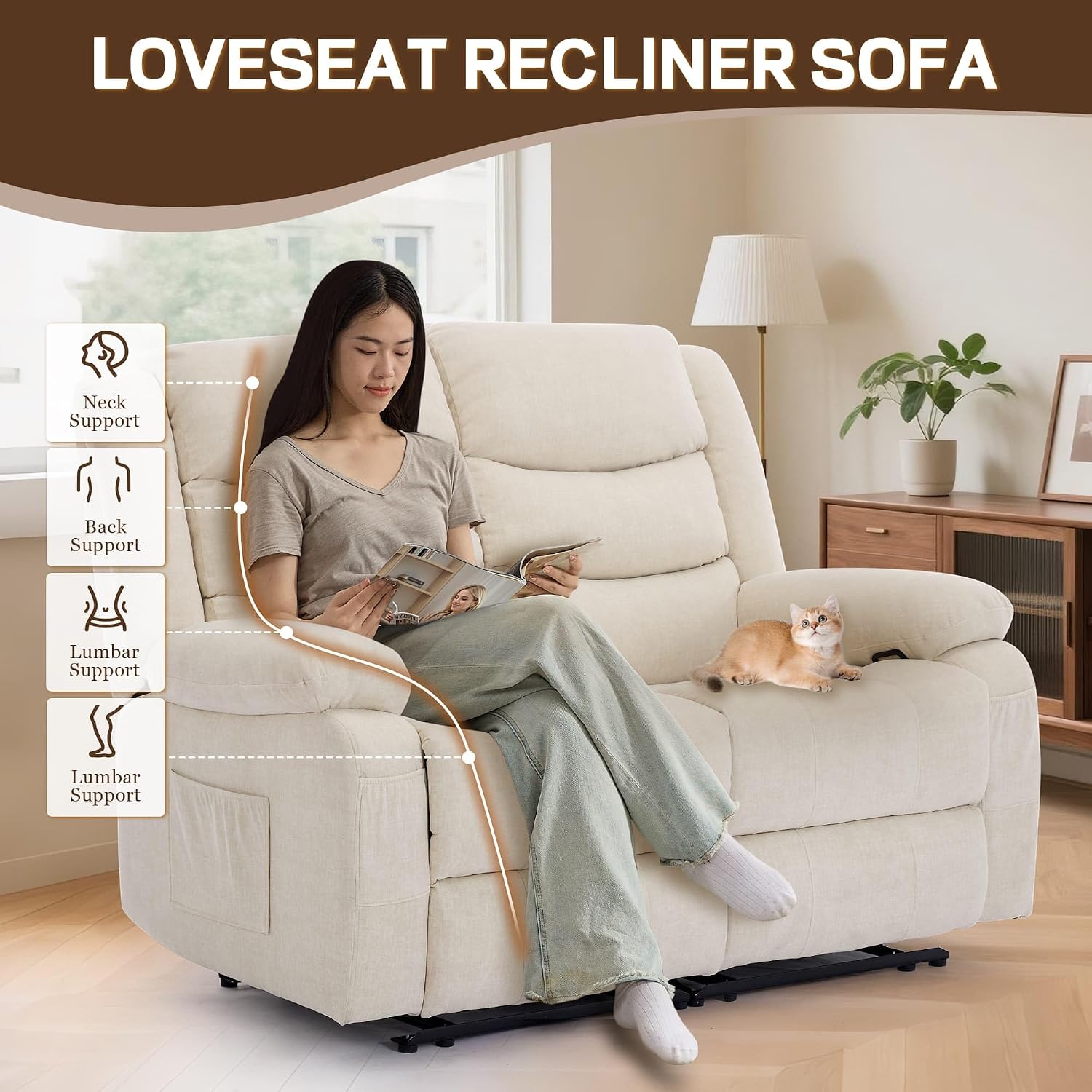 Korser Loveseat Recliner Sofa for RV Furniture and Theater Seating, Wall Hugger Loveseat Recliner, Oversized Loveseats Couch with Front Porckets&Side Pockets, Fabric, Beige