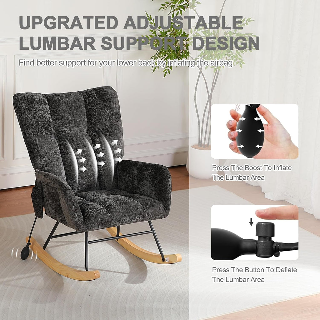 Rocking Chair Nursery with Airbag, Nursery Rocking Reading Chair Indoor, Cozy Upholstered Glider Rocker Chairs with High Backrest for Living Room Bedroom Offices(Chenille, Black)