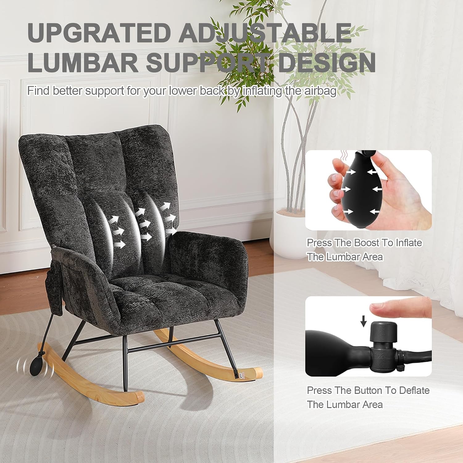 Rocking Chair Nursery with Airbag, Nursery Rocking Reading Chair Indoor, Cozy Upholstered Glider Rocker Chairs with High Backrest for Living Room Bedroom Offices(Chenille, Black)