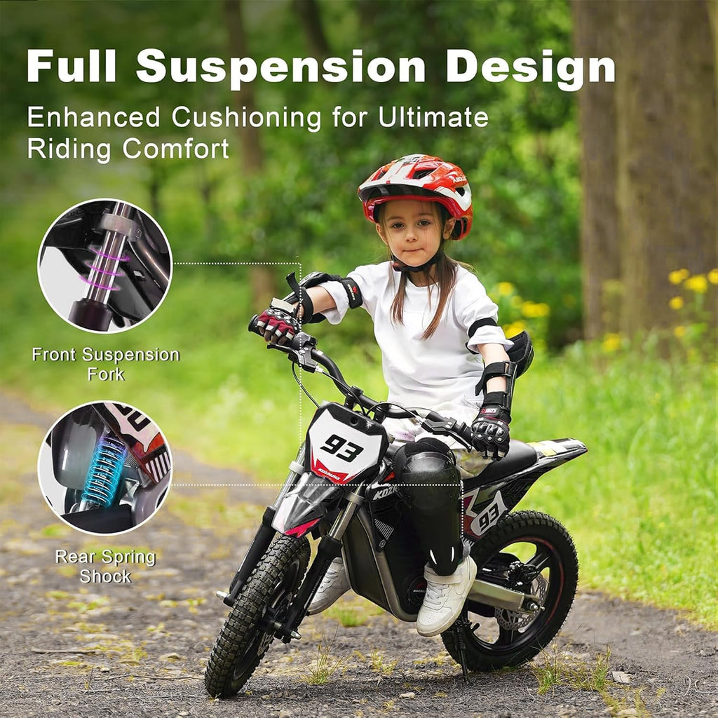 Electric Dirt Bike for Boys Girls Ages 5-10, 350W High Racing Competition Grade Motorcycle, Up to 18MPH 3 Speed Settings Balance Bike, 14IN Off-Road Tires Advanced Shock Absorption, Black