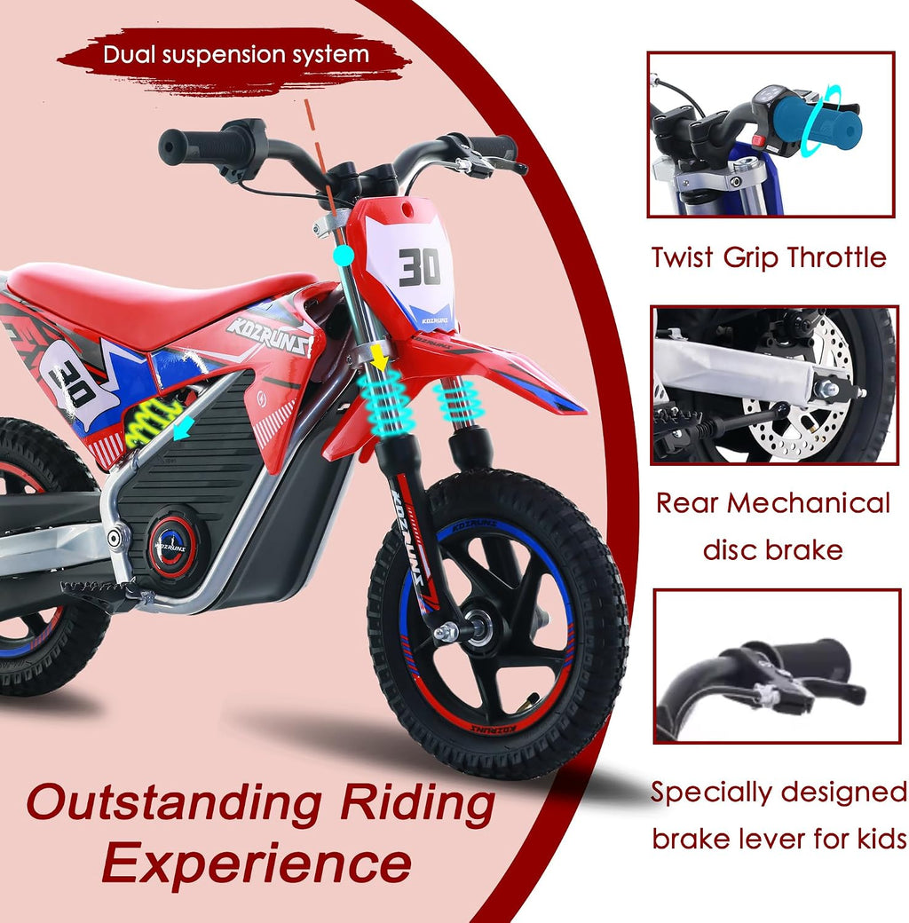OLALA 36V Electric Dirt Bike for Kids 3-6, 250W Brushless Motor with 3-Speed Control, 15.5 MPH Max Speed, 12' Off-Road Tires Motorcycle, for Boys & Girls, Red