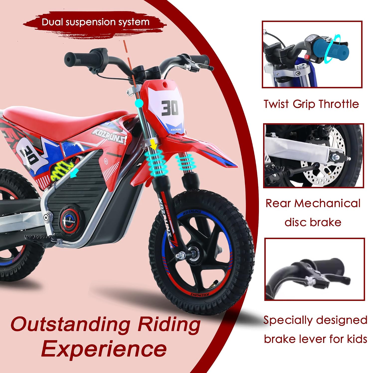OLALA 36V Electric Dirt Bike for Kids 3-6, 250W Brushless Motor with 3-Speed Control, 15.5 MPH Max Speed, 12' Off-Road Tires Motorcycle, for Boys & Girls, Red