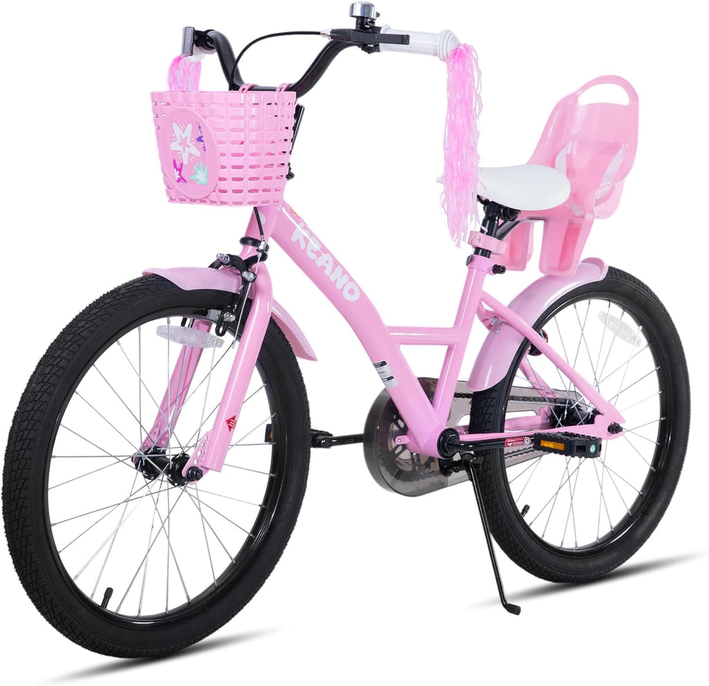 KEANO Zinnia 20 Inch Kids Bike for Girls Ages 7-10 Years, 20 Inch Girls' Bikes with Kickstand, Streamers, Basket and Doll Seat, Children Bicycles Pink