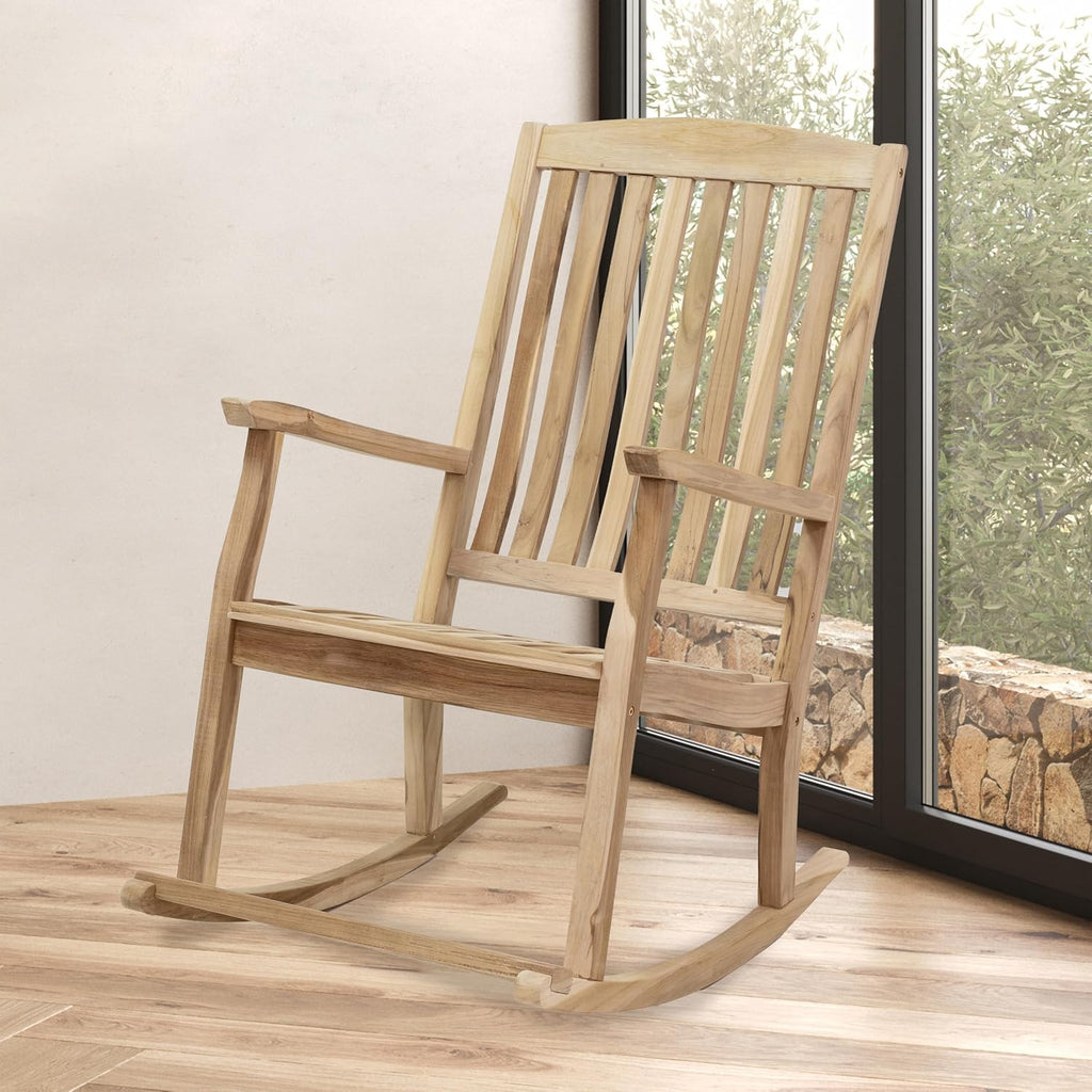 Sunnydaze Teak Outdoor Rocking Chair with Slatted Back - Wooden Front Porch Chair for Patio - Outside Porch Rocker - 325 lb Support