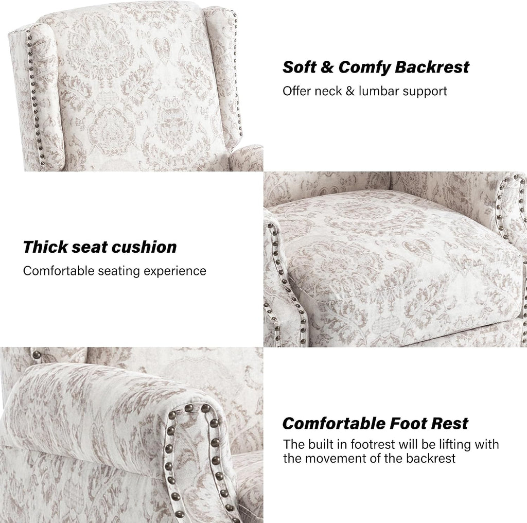 Pushback Recliner Chair, Floral Fabric Wingback Recliner Chair, Upholstered Armchair Push Back Recliner, Rivet Trim Single Sofa Accent Chair with Wood Legs for Living Room, Beige