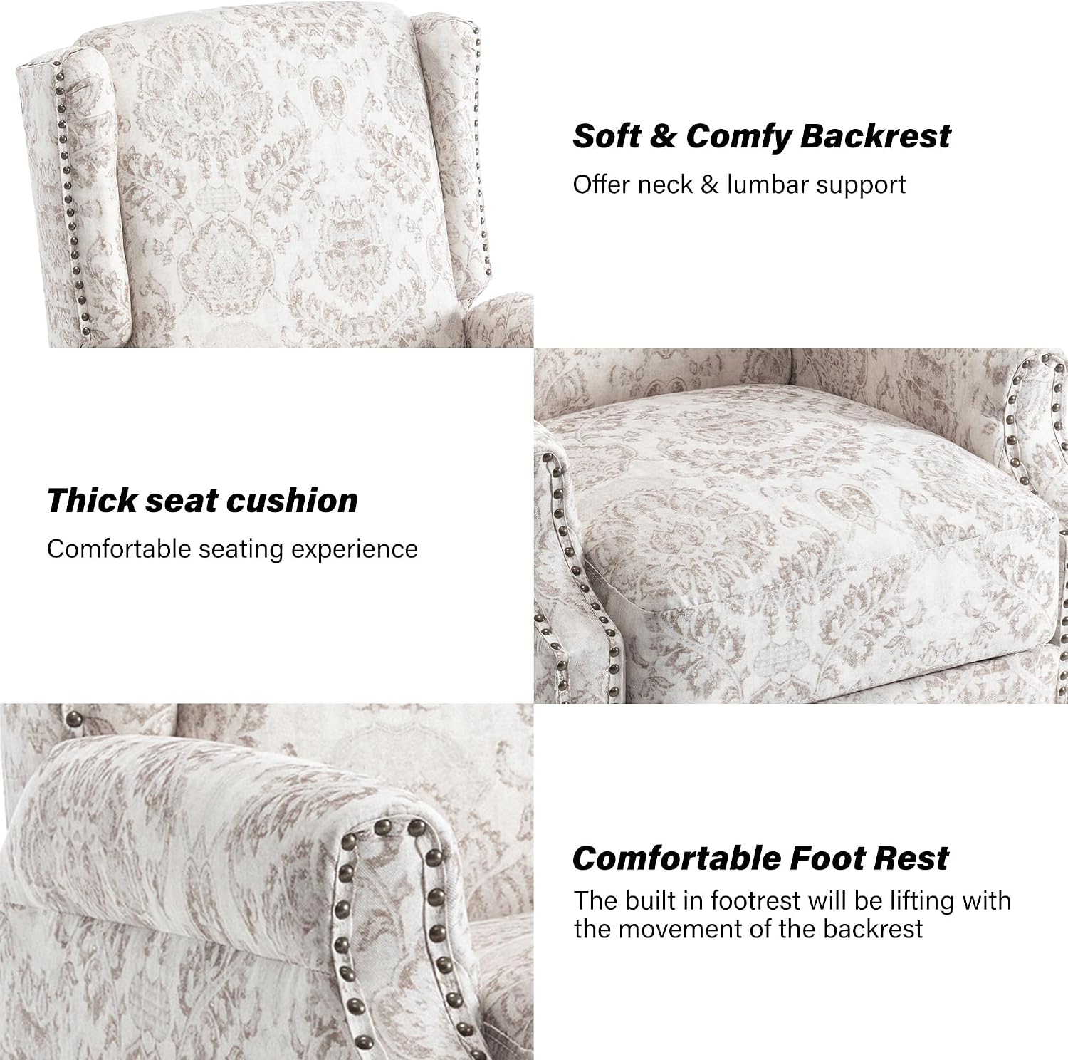 Pushback Recliner Chair, Floral Fabric Wingback Recliner Chair, Upholstered Armchair Push Back Recliner, Rivet Trim Single Sofa Accent Chair with Wood Legs for Living Room, Beige