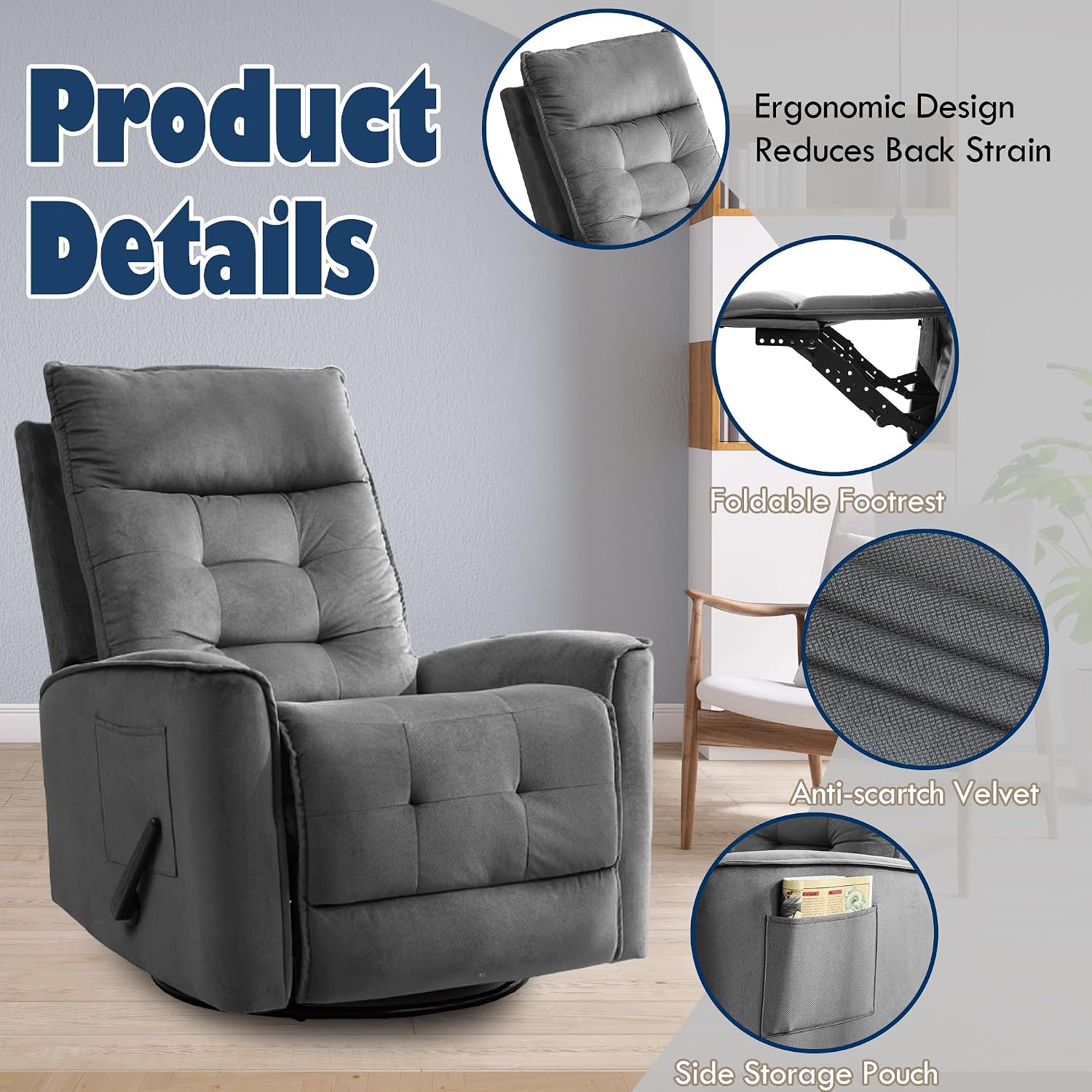 Manual Rocker Recliner Chair Nursery Glider Chair for Adult with High Back&Deep Seat Swivel Rocking Recliner Chair for Living Room Bedroom RV Nursing Grey