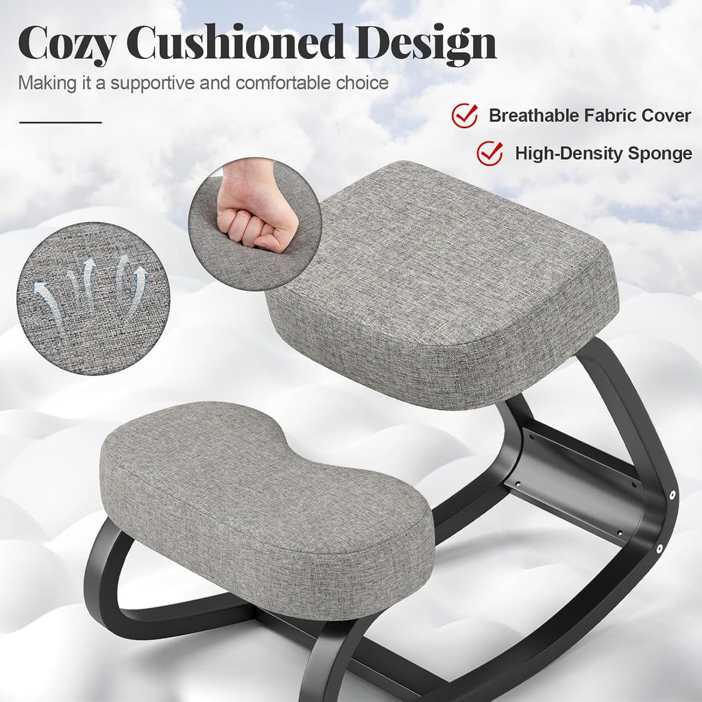Giantex Ergonomic Kneeling Chair, Rocking Posture Chair with Padded Cushion, Knee Chair for Back Neck Pain Relief, Wooden Kneeling Desk Chair for Home Office