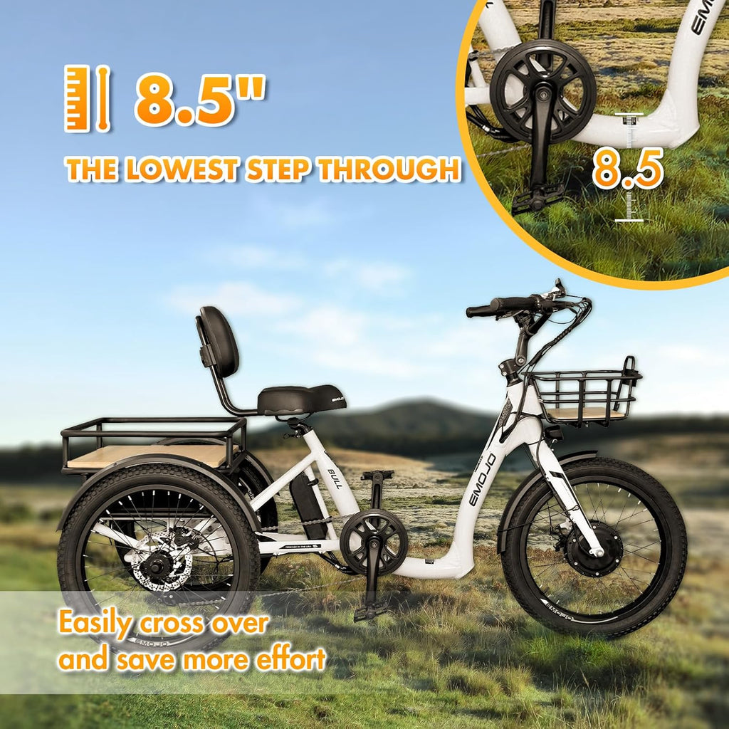 EMOJO Bull Trail 8.5' Low Step Through Electric Tricycle for Adults Up to 100 Miles Long Range Ebike Trike with Differential 500W 7 Speed 20MPH Three Wheel Electric Bike