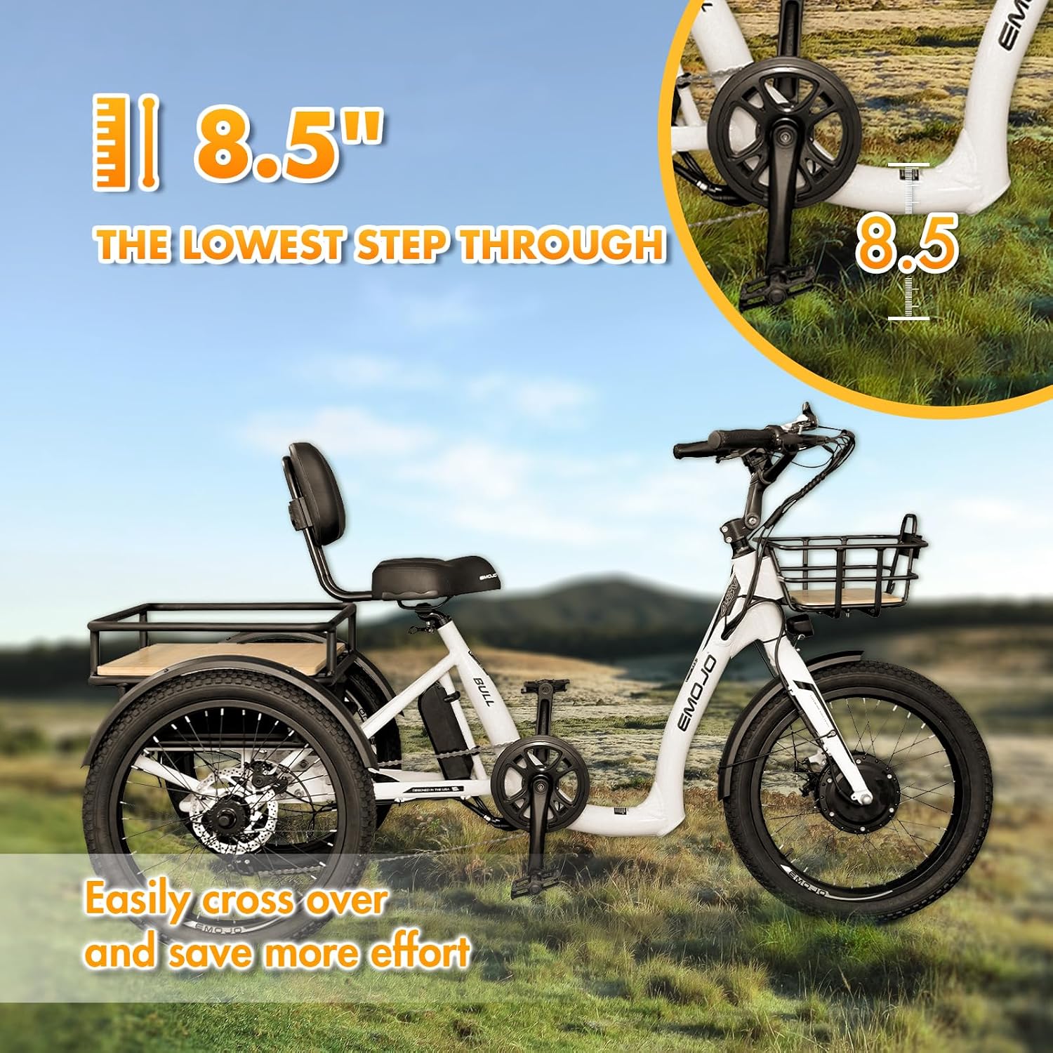 EMOJO Bull Trail 8.5' Low Step Through Electric Tricycle for Adults Up to 100 Miles Long Range Ebike Trike with Differential 500W 7 Speed 20MPH Three Wheel Electric Bike