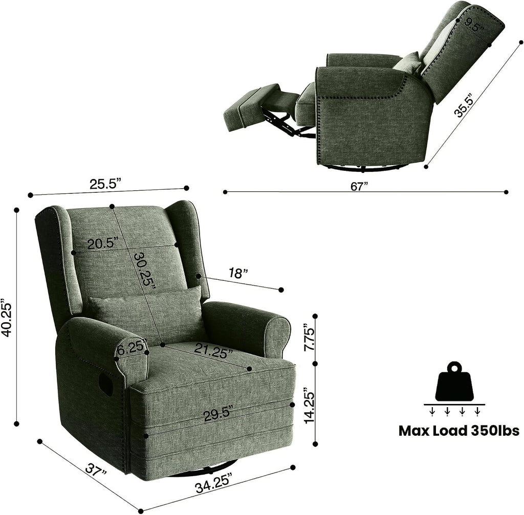 RoyalCraft Swivel Recliner Chair, Comfy Glider Rocking Chairs with Lumbar Pillow and Footrest, Upholstered Swivel Rocking Chair for Bedroom, Dark Green