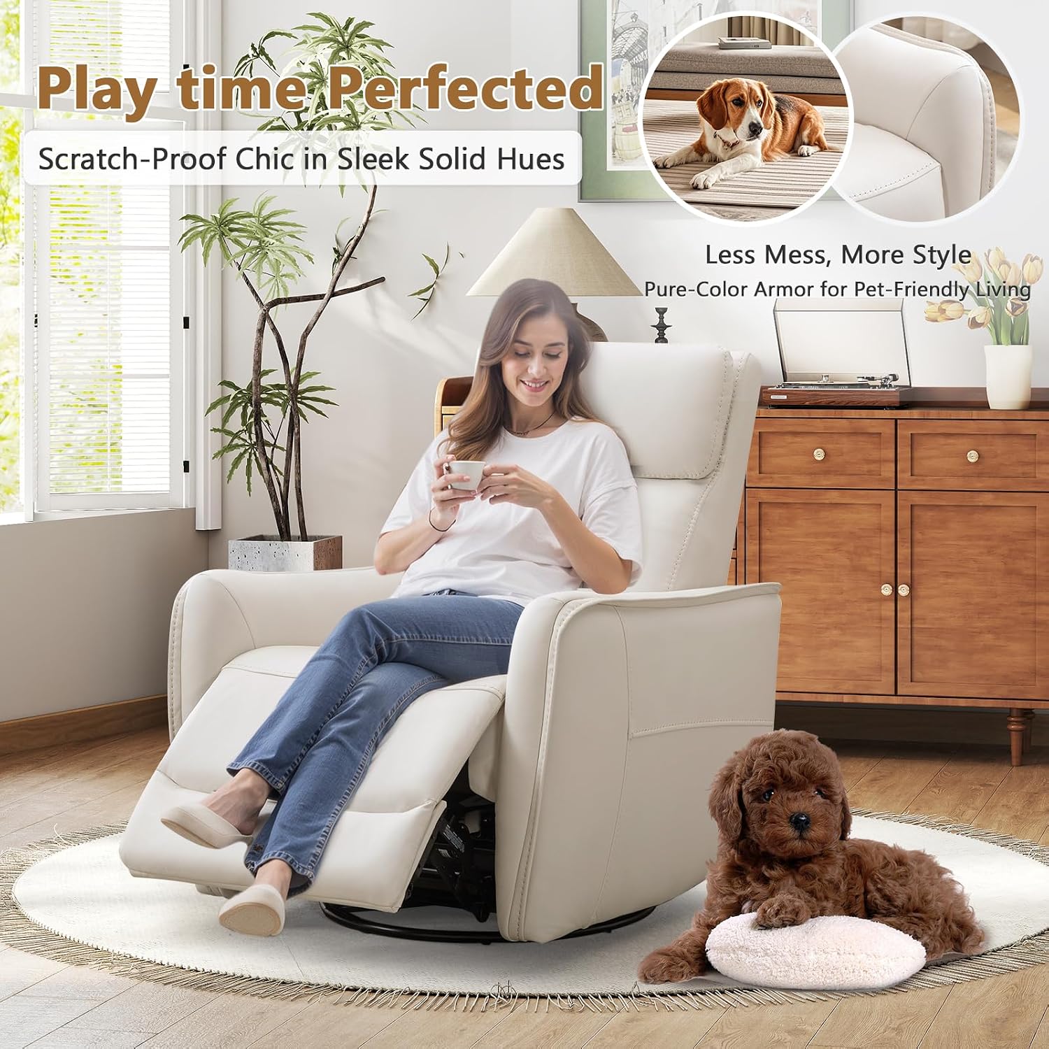 ANJ Power Swivel Recliner Chair,Rocking Chair Nursery with USB Port, Rocker Reclining Chair with Upholstered,Faux Leather Glider Rocking Chairs for Living Room, Bedroom, Cream White