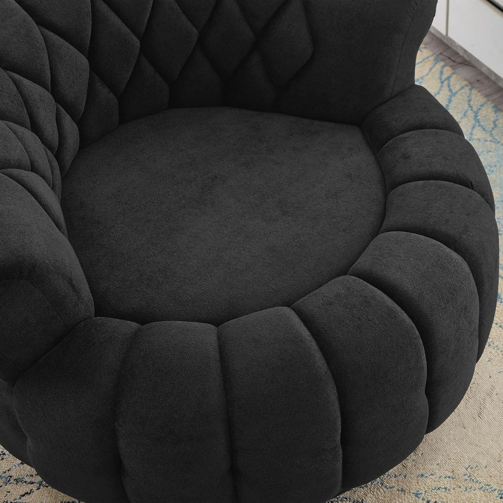 360° Swivel Accent Chair, Chenille Fabric Barrel Swivel Chair Round Club Chair with Curved Armrests & Thick Cushioning, Stylish Channel-Tufted & Diamond-Quilted Backrest for Living Room (Black,02)
