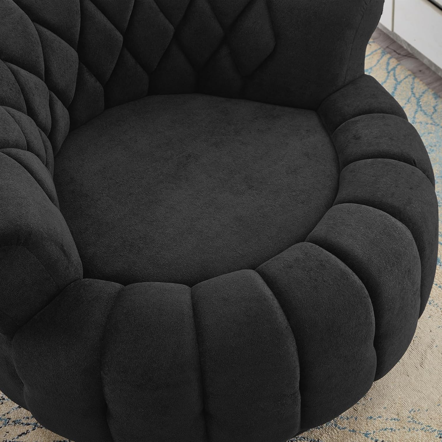 360° Swivel Accent Chair, Chenille Fabric Barrel Swivel Chair Round Club Chair with Curved Armrests & Thick Cushioning, Stylish Channel-Tufted & Diamond-Quilted Backrest for Living Room (Black,02)