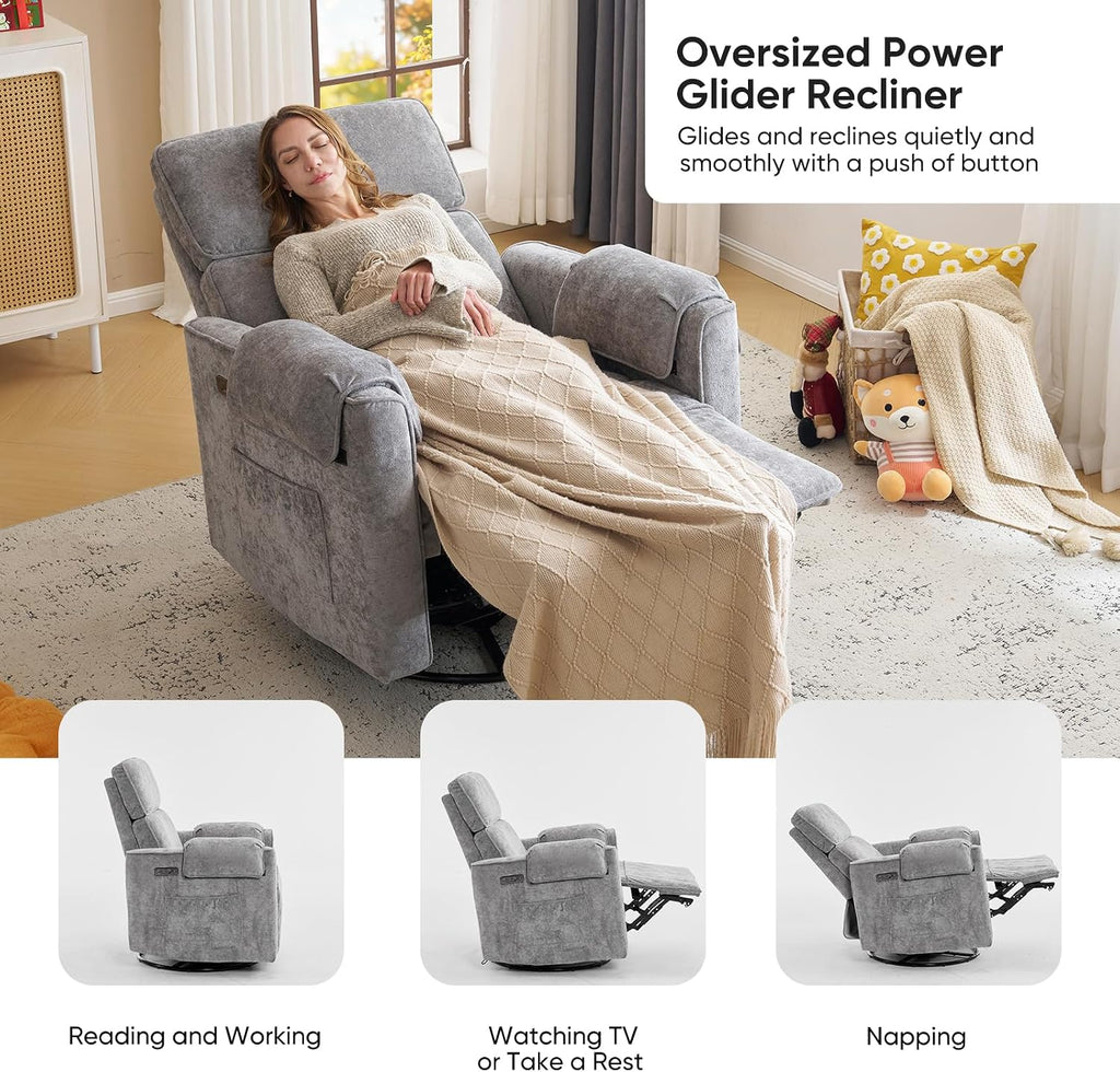 Oversized Power Recliner Chair, 26' Extra Wide Swivel Rocker Recliner with Adjustable Headrest, Chenille Glider Rocking Nursery Chair with Overstuffed Armrest, USB Ports, Grey