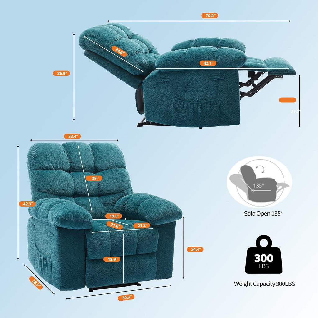 Oversized Swivel Rocker Recliner Chair for Adults, Ergonomic 360° Nursery Swivel Rock Recliner,Extra Wide Manual Recliner with Upholstery Overstuffed Soft Rocking Sofa Chair for Ultimate Comfort,Blue