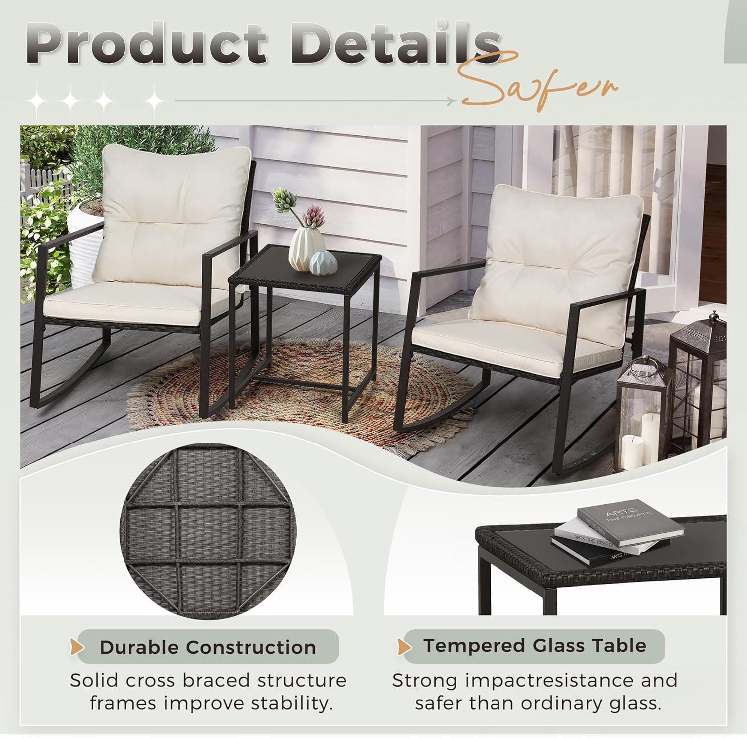 SUNCROWN 3 Piece Outdoor Rocking Bistro Set Black Wicker Furniture Porch Chairs Conversation Sets with Glass Coffee Table, Beige