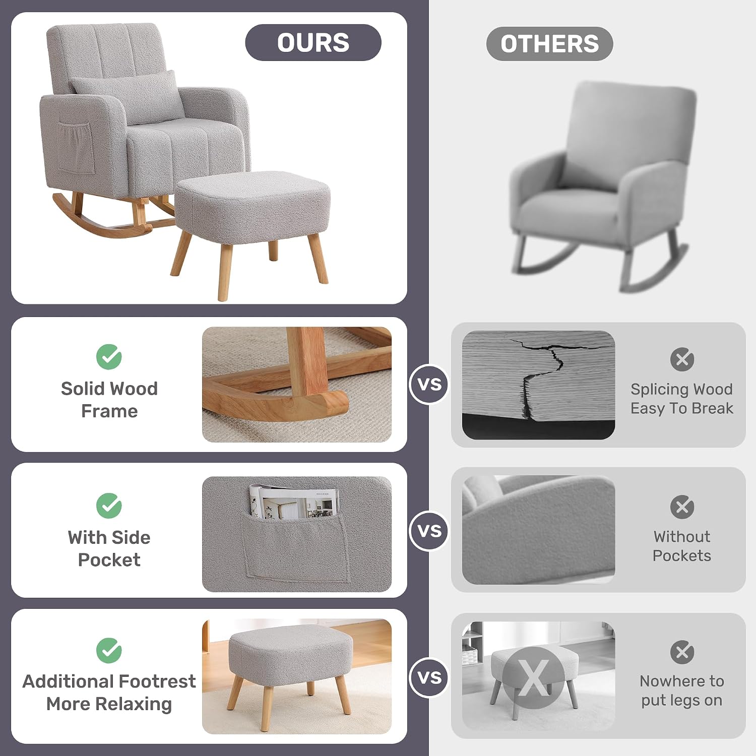 HCHAIRH Rocking Chair with Ottoman, Nursing Glider Rocker with High Backrest and Side Pocket, Comfy Reading Chair with Solid Wood Legs for Nursery/Living Room/Bedroom Light Grey