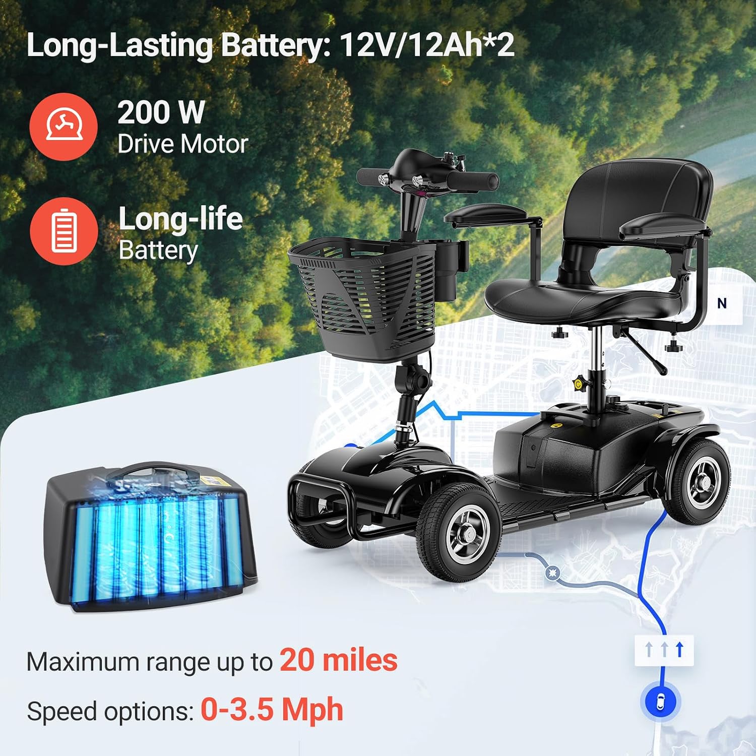 4 Wheel Mobility Scooters for Adults，Electric Power Mobile Scooters for Seniors，Foldable and Compact Heavy Duty Travel Scooter with Basket，Lights，Long-Lasting Battery and Cup Holder