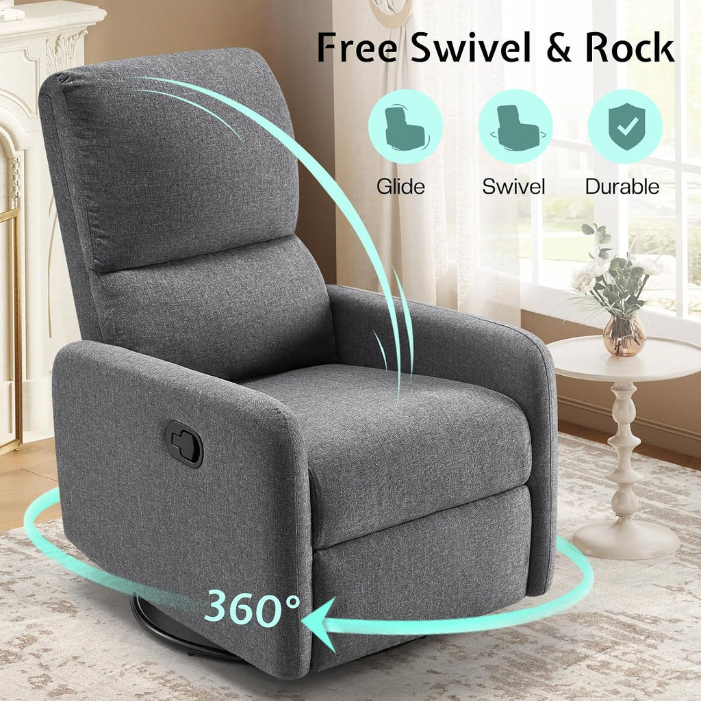 Jocisland Swivel Rocking Chair, Nursery Glider Recliner Chairs for Adults, Rocker for Living Room Bedroom, Comfy Upholstered Modern Nursing Reclining Single Sofa, Grey Linen (No Side Pockets)