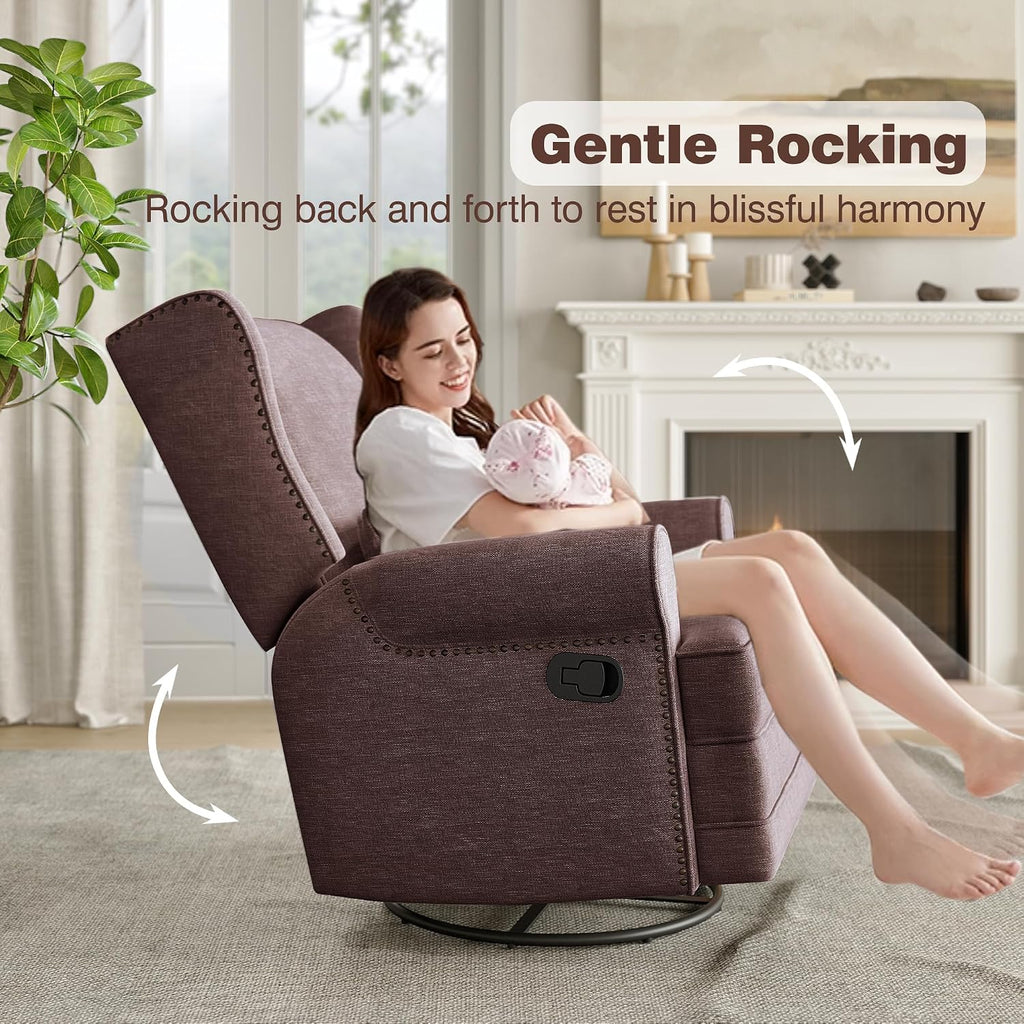 RoyalCraft Swivel Recliner Chair, Comfy Glider Rocking Chairs with Lumbar Pillow and Footrest, Upholstered Swivel Rocking Chair for Living Room, Bedroom, Brown