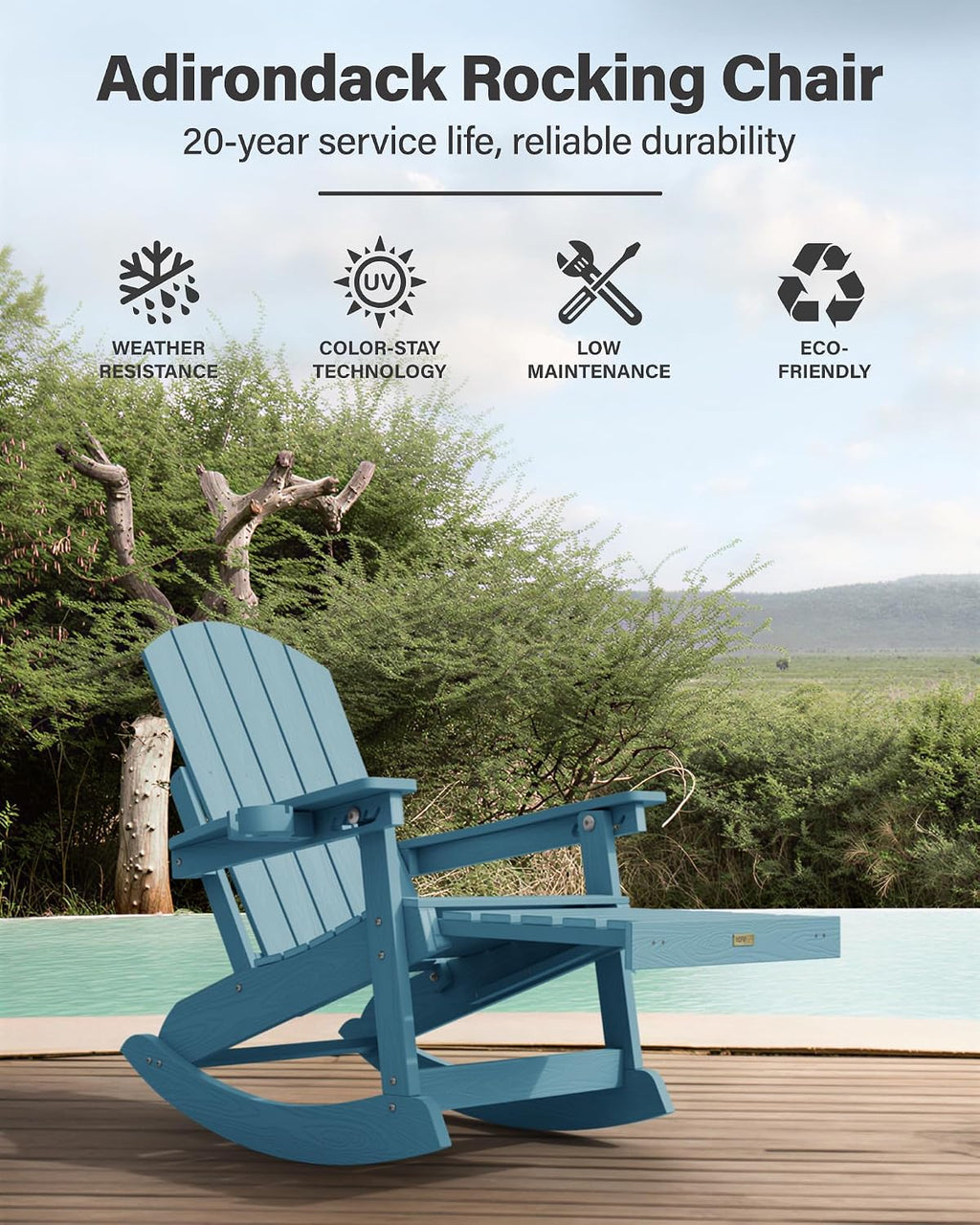 YEFU Adirondack Rocking Chairs Set of 2 : Oversize Adirondack Chair with Retractable Ottoman- 5-Level Adjustable High Back - Outdoor Rocker with Cup Holder for Porch/Garden/Lawn/Patio/Backyard/Blue