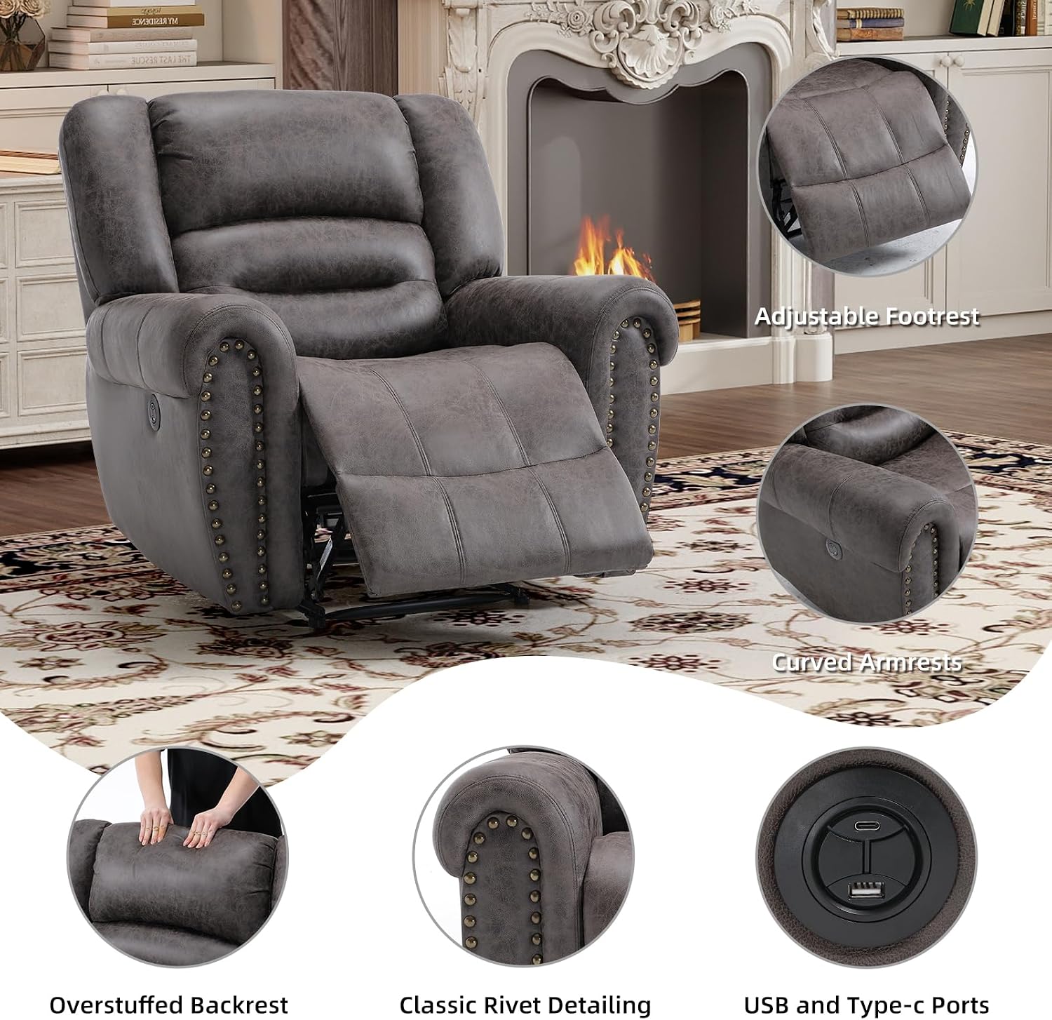 Bonzy Home Power Recliner Chair, Soft Faux Leather Recliner Chair with Thickened Padding and USB&Type-C Charging Ports, Classic Heavy Duty Single Reclining Sofa for Living Room, Dark Gray