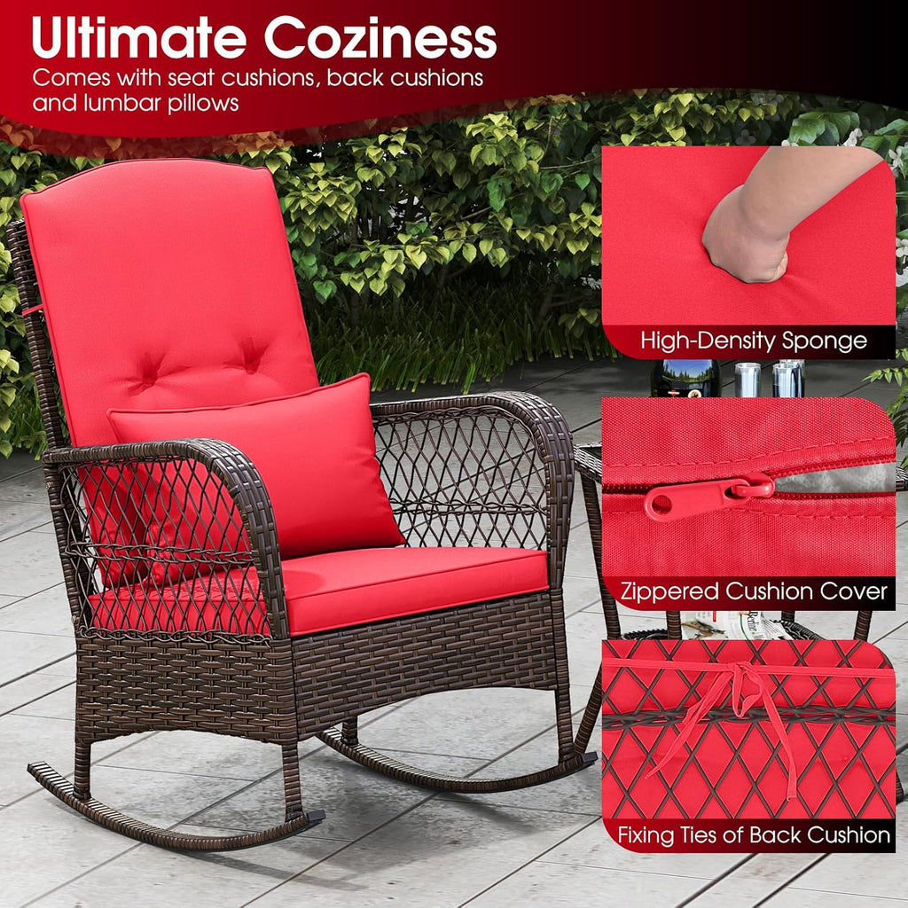 Tangkula 3 Piece Patio Rocker Set, Patiojoy Outdoor Wicker Rocking Chairs w/Double-Layer Coffee Table, Rattan Rocker Chair Set w/Seat Back Cushions & Pillows, for Porch, Backyard, Poolside (Red)