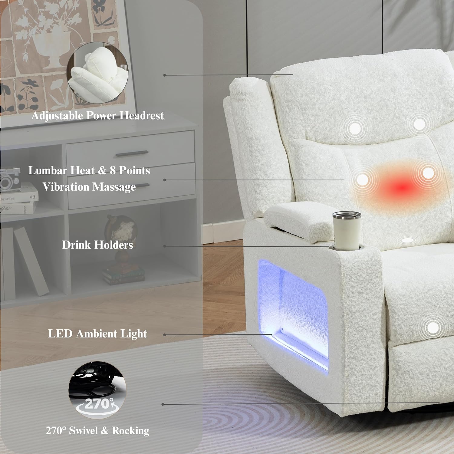 Power Oversized Swivel Rocker Recliner with Dual Motor Adjustable Headrest for Adults, Glider Rocking Chair with Heat Massage, LED Light, USB C Charging, Armrest Storage, Cup Holder