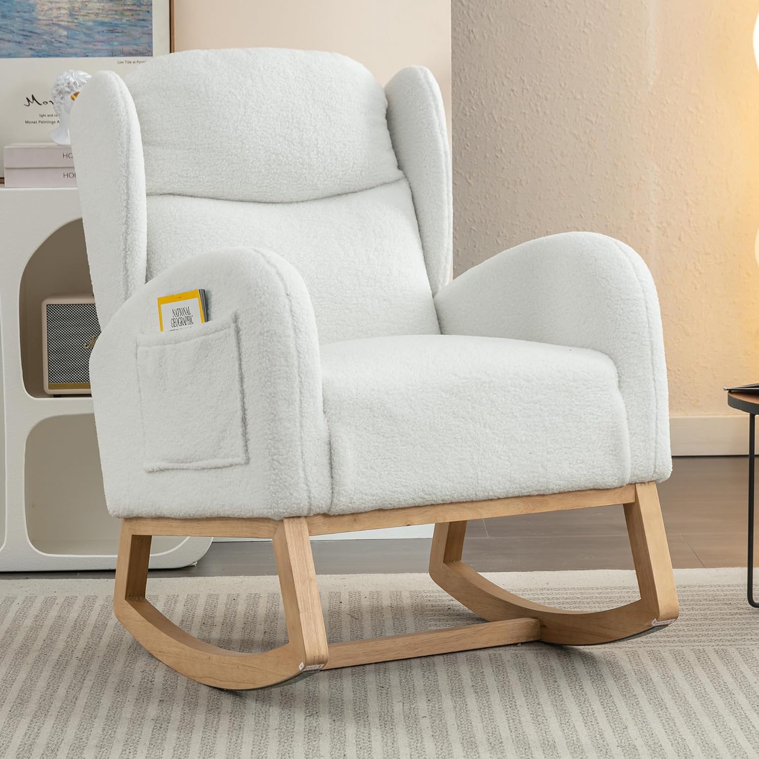 Setawix Teddy Rocking Glider Chair for Nursery,Upholstered Living Room Rocker Arm Chair,Leisure Sherpa Wingback Armchair,Mid Century Modern Rocking Accent Chair with Side Pockets (Wingback Ivory)