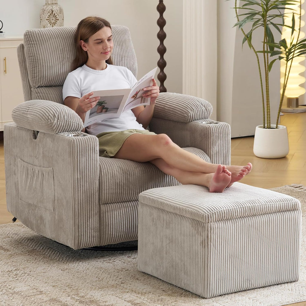 Oversized Power Recliner Chair Swivel Glider with Massage and Heat, Swivel Rocker Recliner with Adjustable Armrests, 26' Wide Nursery Chair with Storage Ottoman, Rocker Nursery Recliner,Corduroy Grey