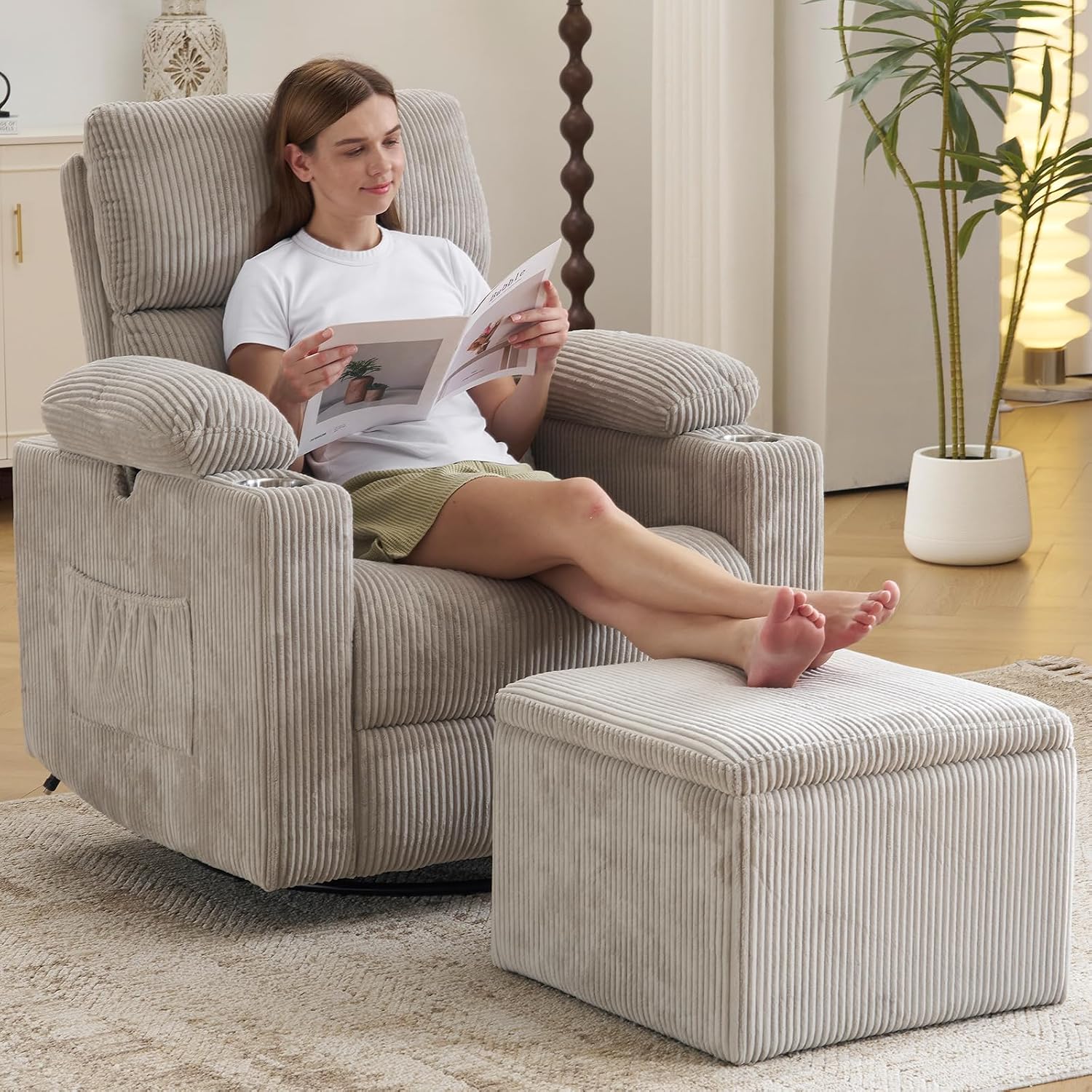 Oversized Power Recliner Chair Swivel Glider with Massage and Heat, Swivel Rocker Recliner with Adjustable Armrests, 26' Wide Nursery Chair with Storage Ottoman, Rocker Nursery Recliner,Corduroy Grey