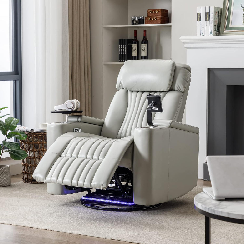 Recliner Chair, 270° Power Swivel Recliner Chair with 360° Swivel Tray Table and Cell Phone Holder, Cup Holder, Home Theater Seating with Hidden Arm Storage, Soft Living Room Chair (Gray/27)