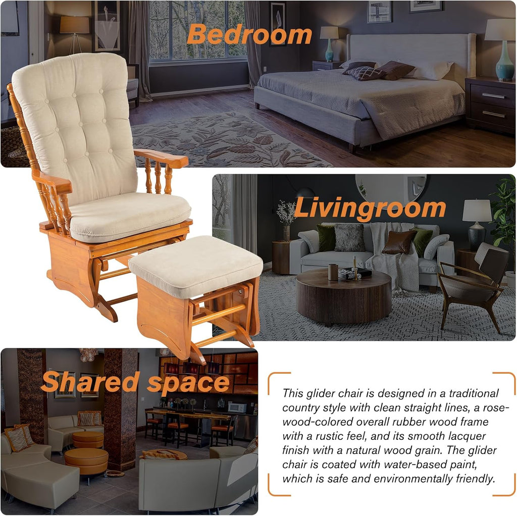 Anti-Pinch Solid Wood Hand Glider Rocking Chair Set with Ottoman, Padded Cushion, Rustic Rubber Wood Nursery Glider for Nursing, Relaxing, Living Room, Bedroom, Honey Colored