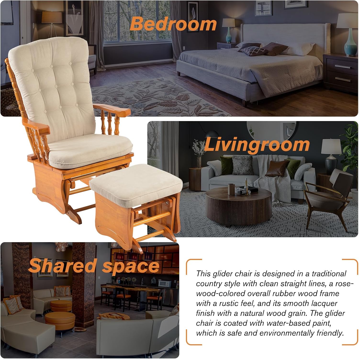 Anti-Pinch Solid Wood Hand Glider Rocking Chair Set with Ottoman, Padded Cushion, Rustic Rubber Wood Nursery Glider for Nursing, Relaxing, Living Room, Bedroom, Honey Colored