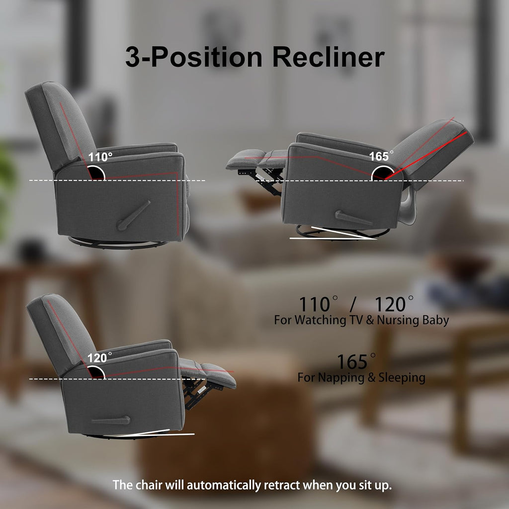 Harkawon Swivel Rocker Recliner Chair, Glider Rocker Recliner, Rocking Chair Nursery, Fabric Chair with High Back, Deep Seat, for Living Room, Bedroom (Dark Grey)