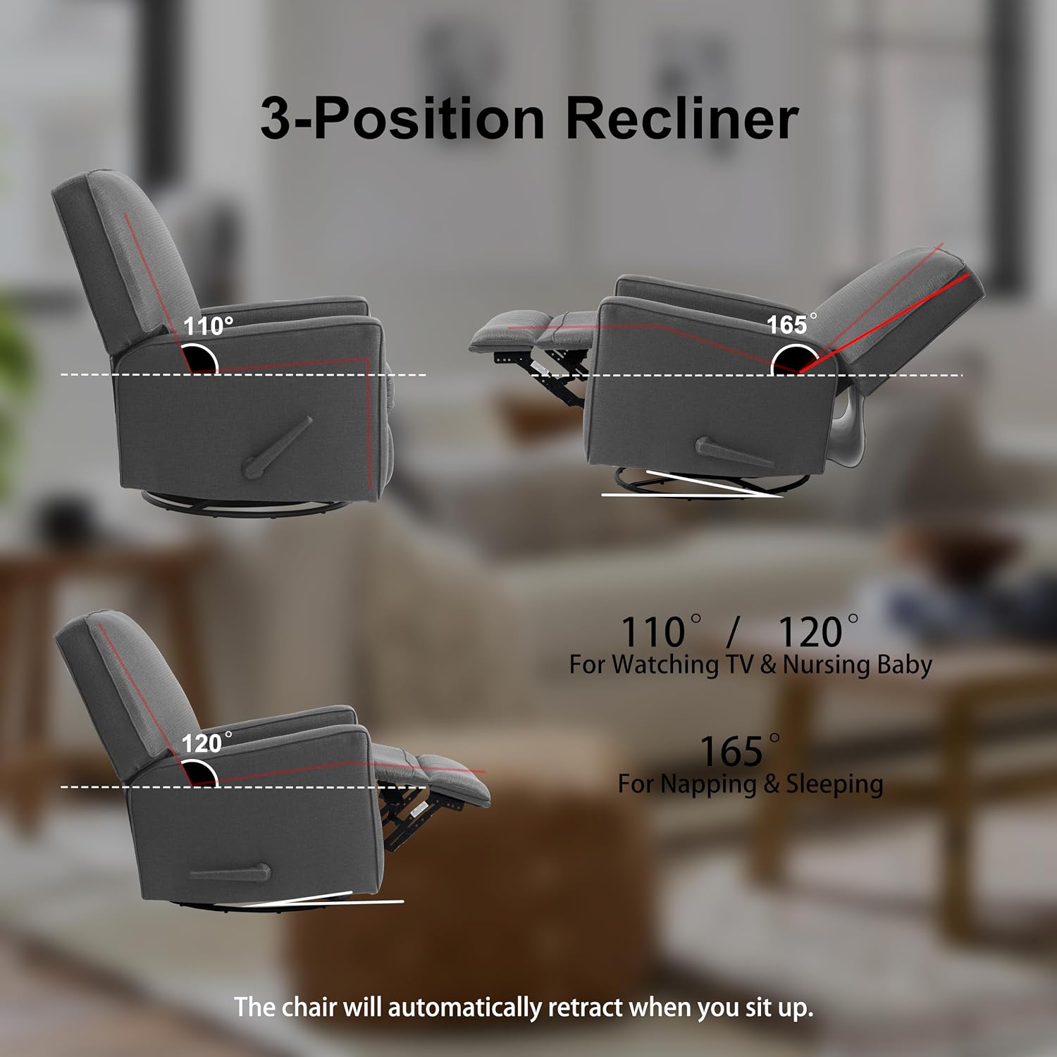 Harkawon Swivel Rocker Recliner Chair, Glider Rocker Recliner, Rocking Chair Nursery, Fabric Chair with High Back, Deep Seat, for Living Room, Bedroom (Dark Grey)