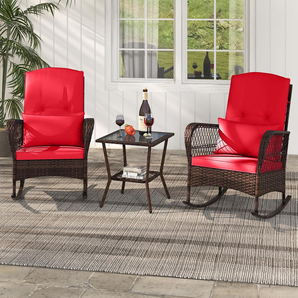 Tangkula 3 Piece Patio Rocker Set, Patiojoy Outdoor Wicker Rocking Chairs w/Double-Layer Coffee Table, Rattan Rocker Chair Set w/Seat Back Cushions & Pillows, for Porch, Backyard, Poolside (Red)