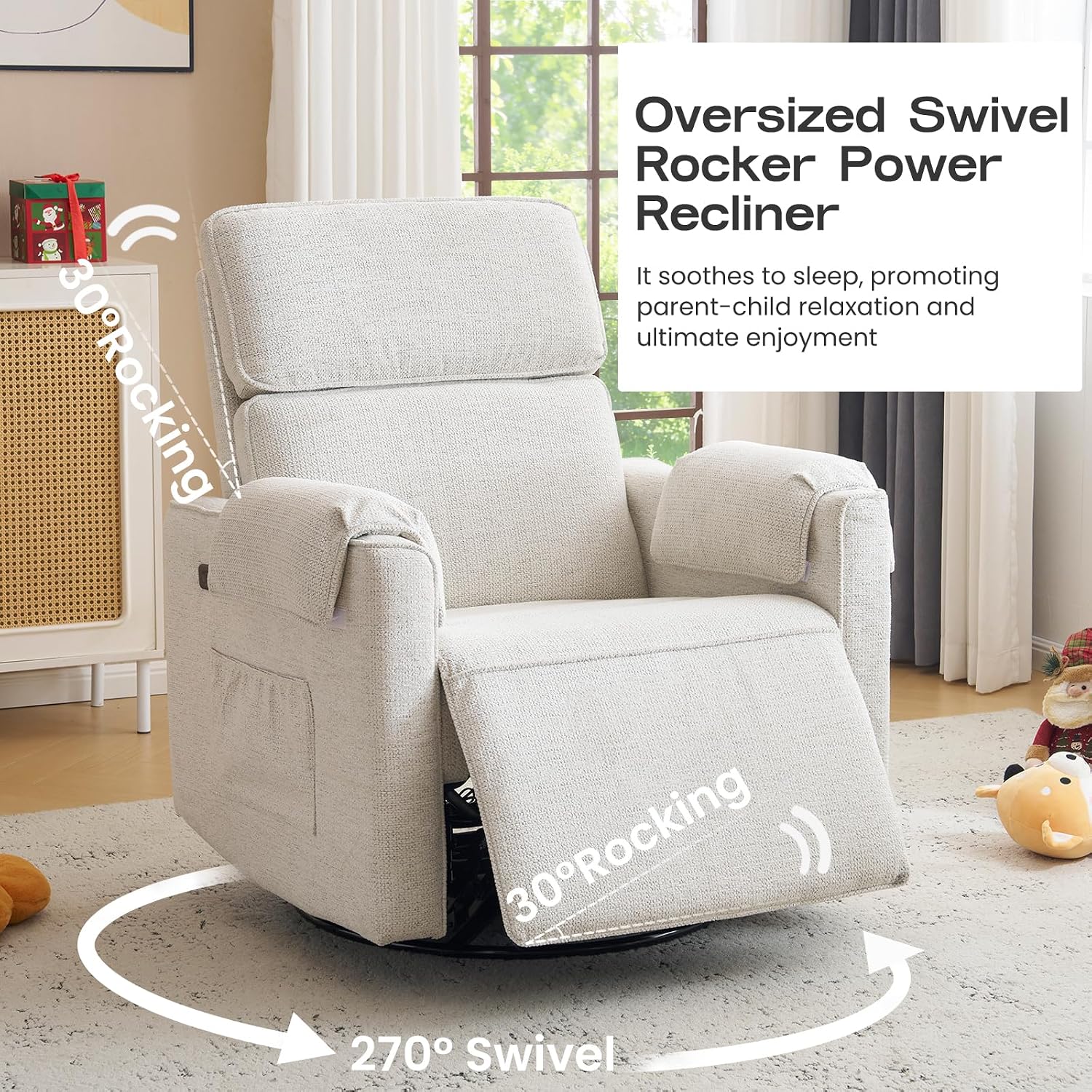 Chenille Rocking Chair Nursery with Adjustable Headrest,24' Extra Wide Swivel Rocker Recliner Chair with Overstuffed Armrest,Oversized Power Rocker Recliner with USB Ports,White