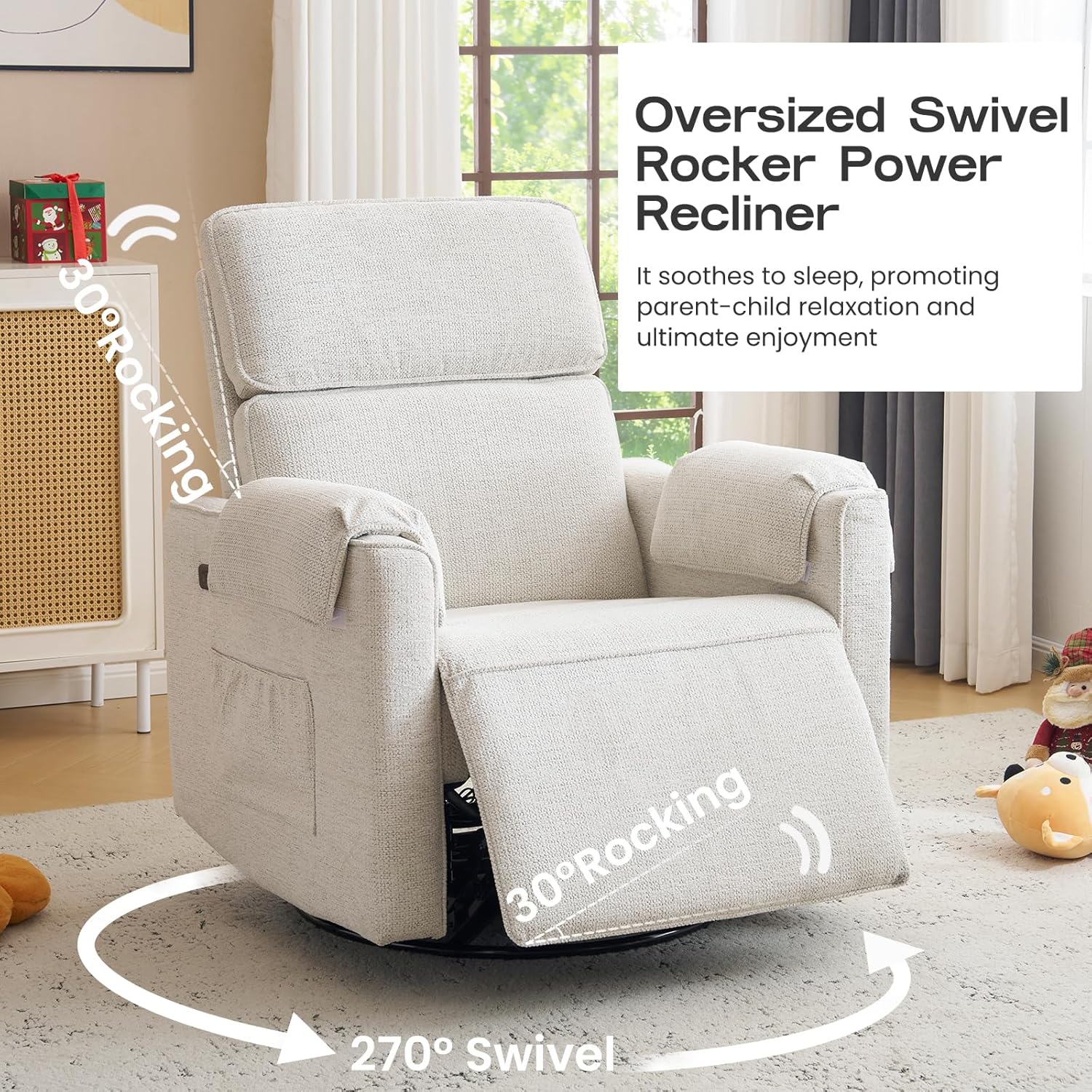 Oversized Power Recliner Chair Swivel Glider with Adjustable Headrest, 26' Extra Wide Glider Nursery Chair with Overstuffed Armrest, USB Ports, Chenille Fabric, White