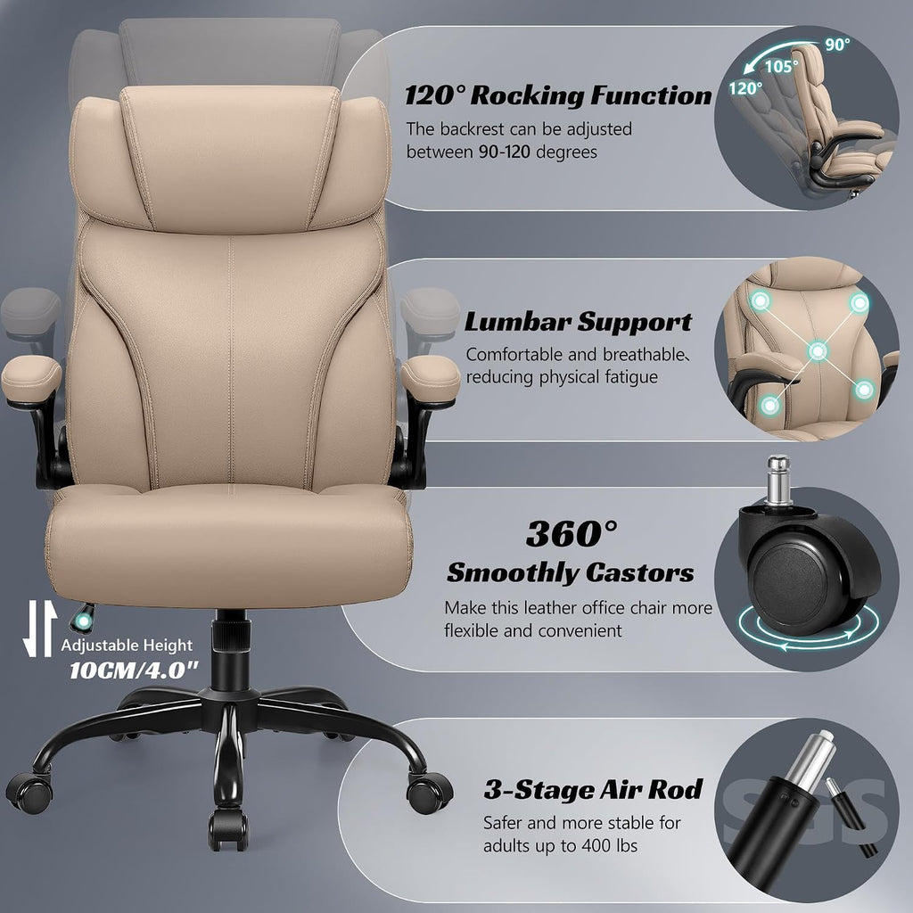 HeroSet Office Chair, Ergonomic Big and Tall Computer Desk Chairs, Executive Breathable Leather Chair with Adjustable High Back Flip-up Armrests, Lumbar Support Swivel PC Chairs with Rocking Function