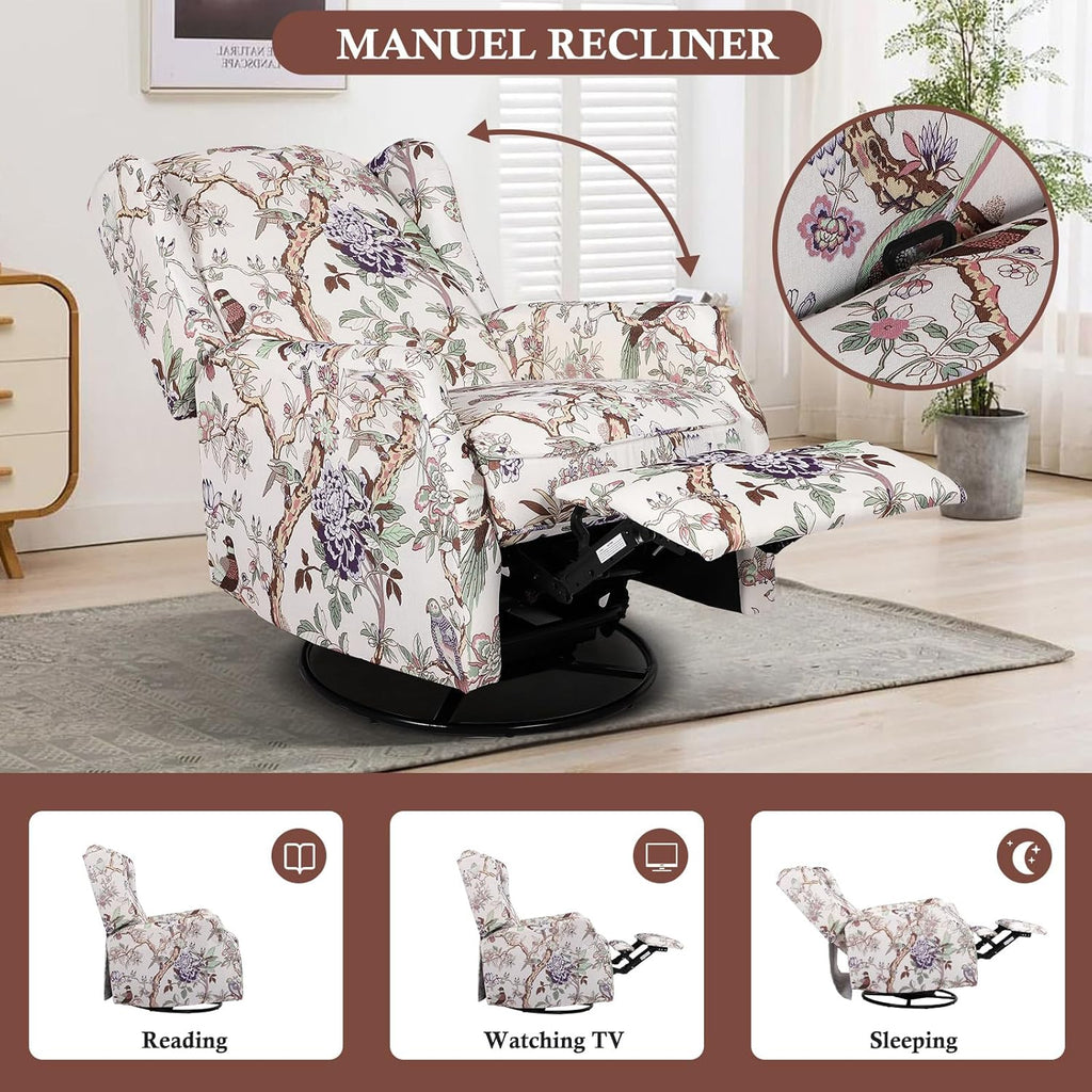 Swivel Rocker Recliner Chair, Glider Rocking Chair for Nursery, Floral Wingback Chair Recliner on Clearance, 360° Swivel Rocking Recliner Chair with Padded Seat for Living Room