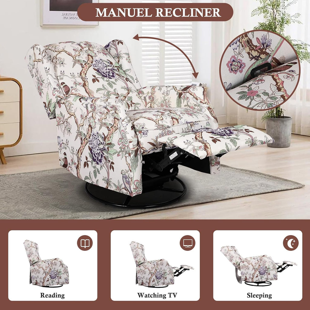 Swivel Rocker Recliner for Adults, Wingback Rocking Swivel Recliner Chair with Padded Seat, 360° Swivel Rocker Glider Recliners with Adjustable Backrest & Footrest for Living Room