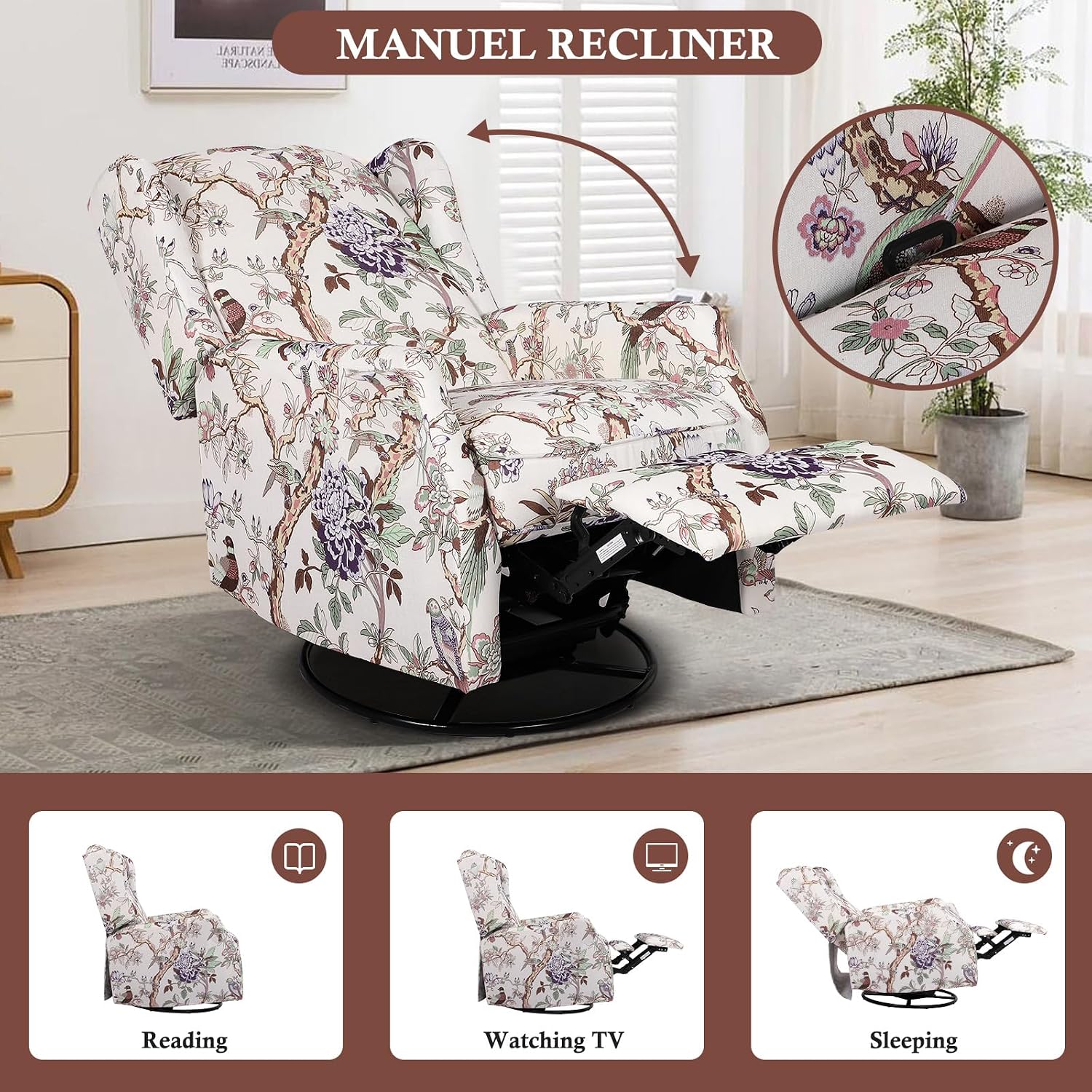 Swivel Rocker Recliner for Adults, Wingback Rocking Swivel Recliner Chair with Padded Seat, 360° Swivel Rocker Glider Recliners with Adjustable Backrest & Footrest for Living Room