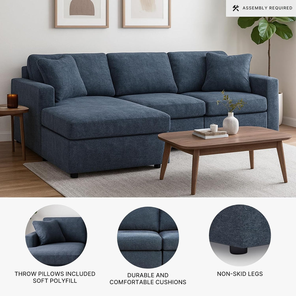Signature Design by Ashley Modmax Contemporary L-Shaped Left-Arm Facing Modular Stain Resistant 3-Piece Sectional with Chaise, Reversible Cushions and 2 Accent Pillows, Blue