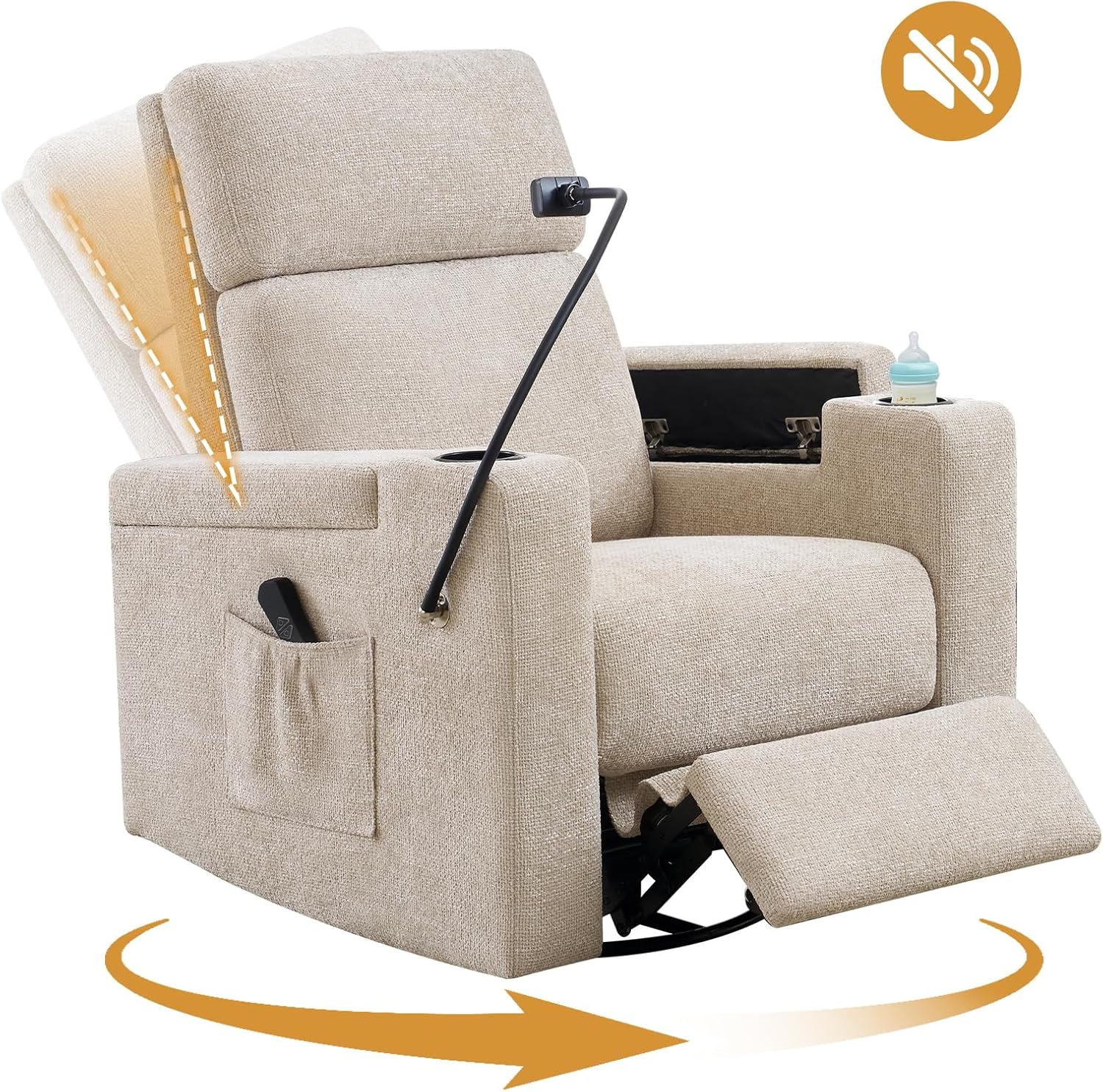 Power Swivel Glider Rocking Chair Nursery, Skin-Friendly Premium Chenille Electric Glider Rocker Recliner Chair with Armrest Storage, USB A&C Ports, Cup Holder, Phone Holder, Chenille Beige