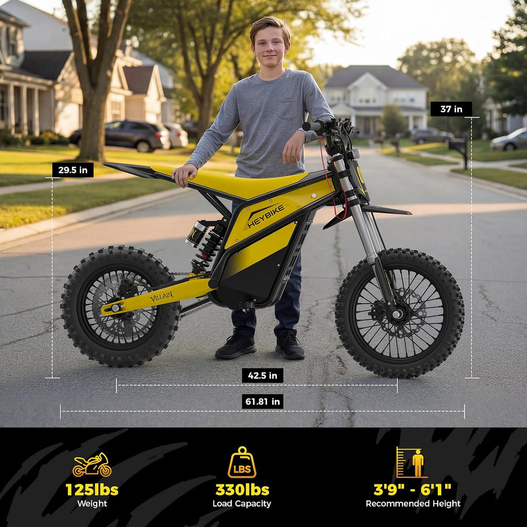 Heybike Villain Electric Dirt Bike with 4160W Motor, 52V 26AH E Dirt Bike, 14/12' Fat Tire Dirtbike with Hydraulic Brakes, Up to 45 MPH & 50 Miles Moped Style Ebike（Standard; Sunflower Yellow）