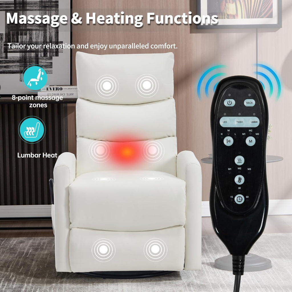 Manual Swivel Rocker Recliner Chair for Adults, Overstuffed Glider Recliner for Nursing with Vibration Massage & Heat, Living Room Rocking Recliner 3-Stage backrest, Faux Leather White