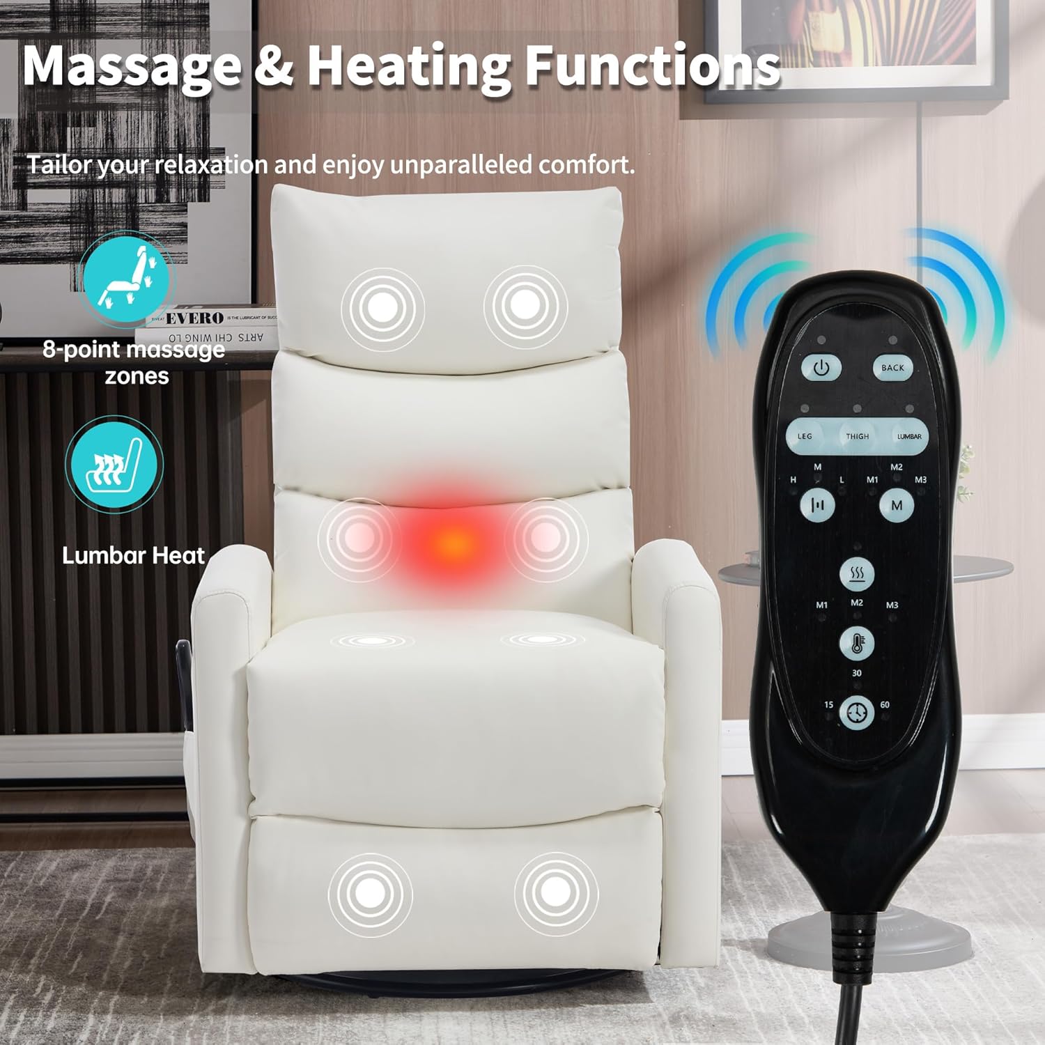 Manual Swivel Rocker Recliner Chair for Adults, Overstuffed Glider Recliner for Nursing with Vibration Massage & Heat, Living Room Rocking Recliner 3-Stage backrest, Faux Leather White